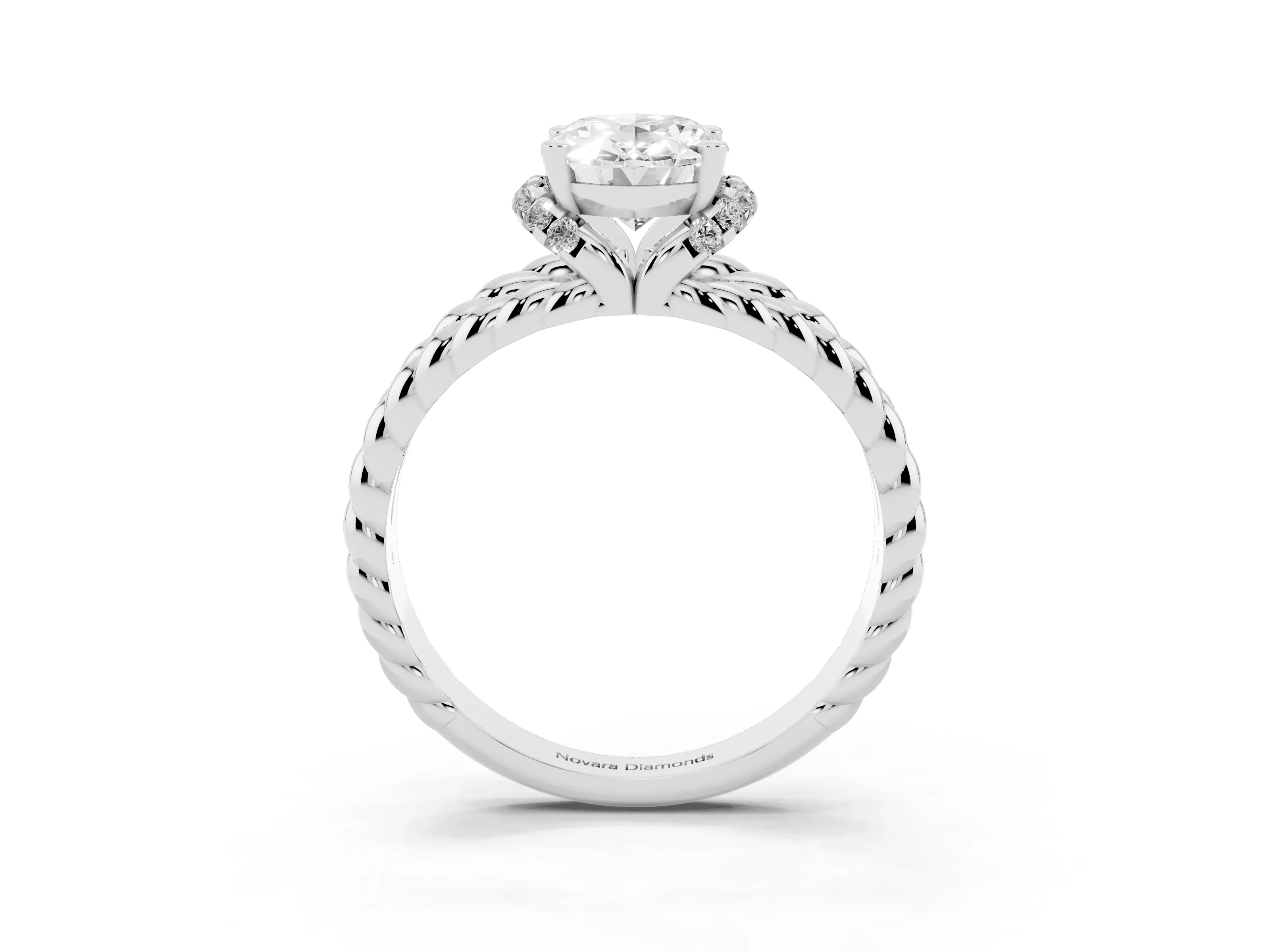 Oval Cut Diamond Halo Ring Set in White gold with Twisted Band and Prong Setting