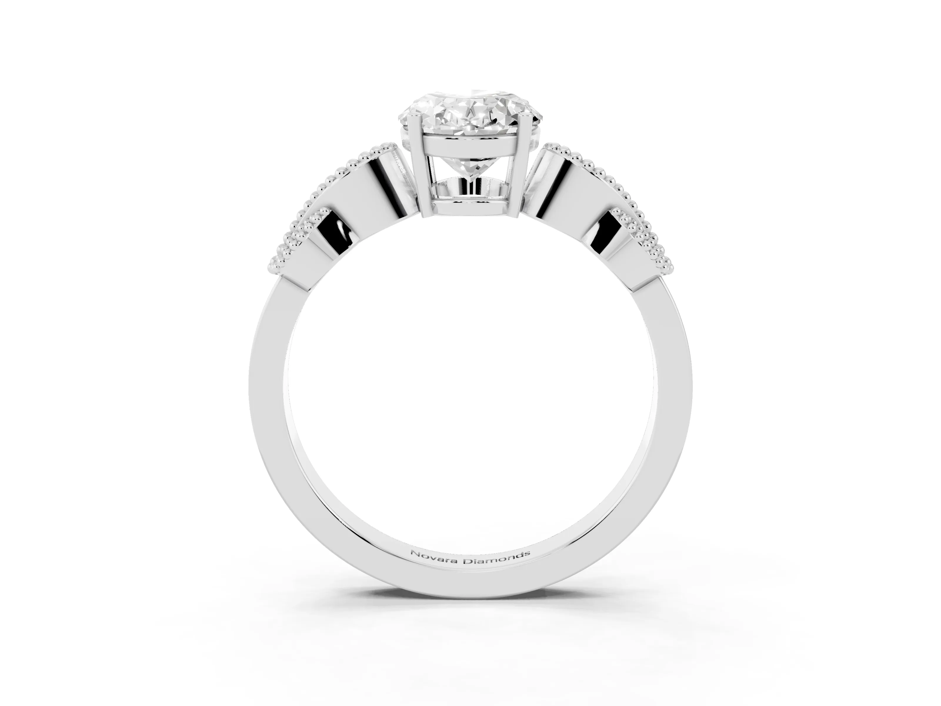 Oval Cut Diamond Milgrain Leaf Band Solitaire Ring Set in Platinum with Accent Stones and Prong Setting