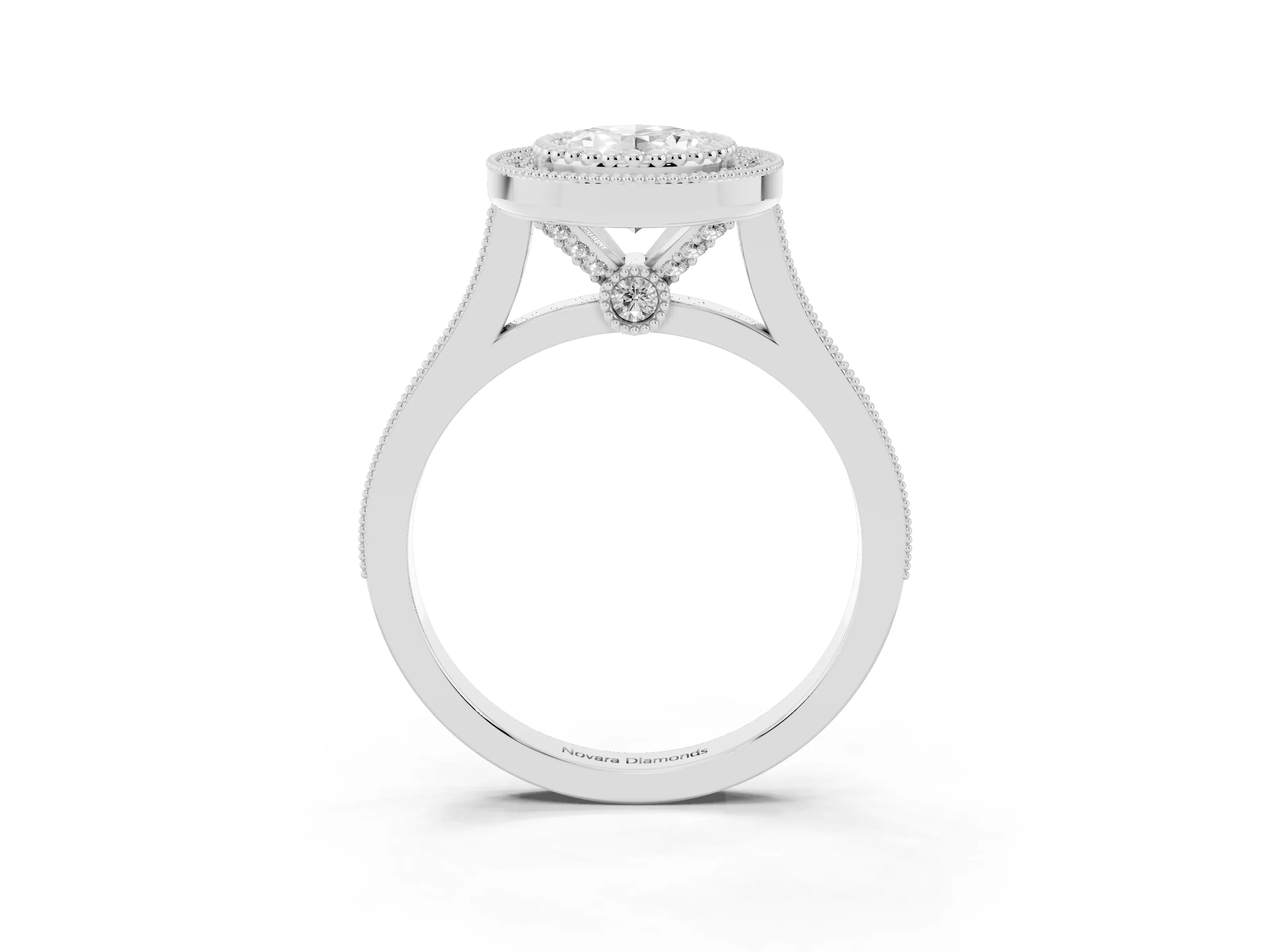 Oval Cut Diamond Halo Ring Set in Silver with Milgrain Frame and Pavé Band