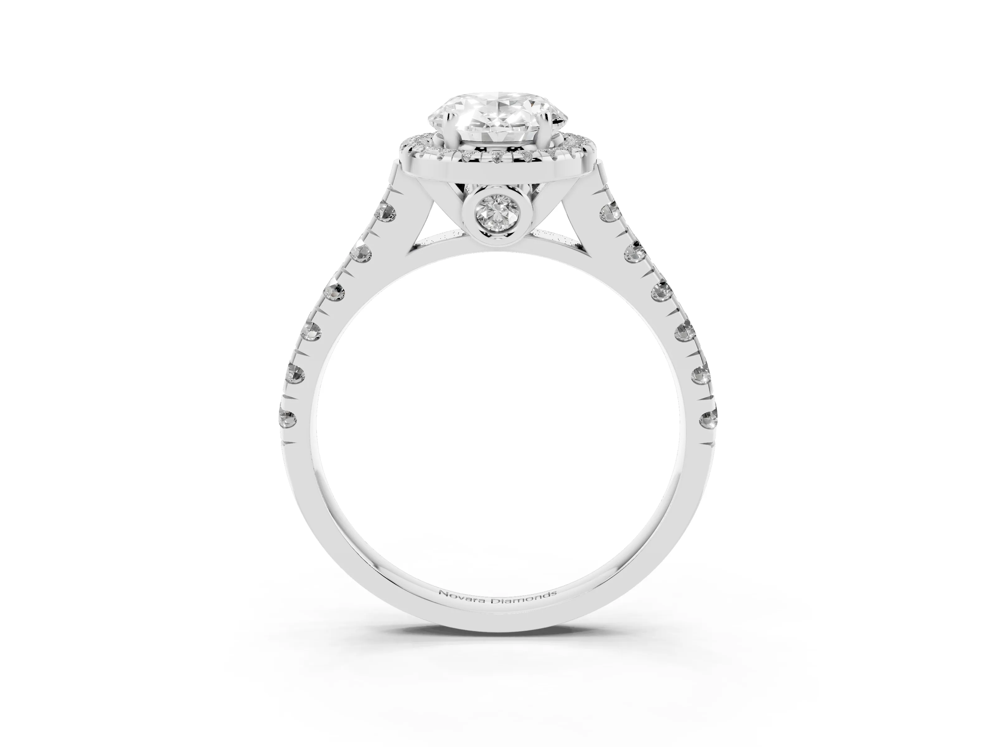 Oval Cut Diamond Halo Engagement Ring Set in White gold with Pavé Band and Prong-Set Center