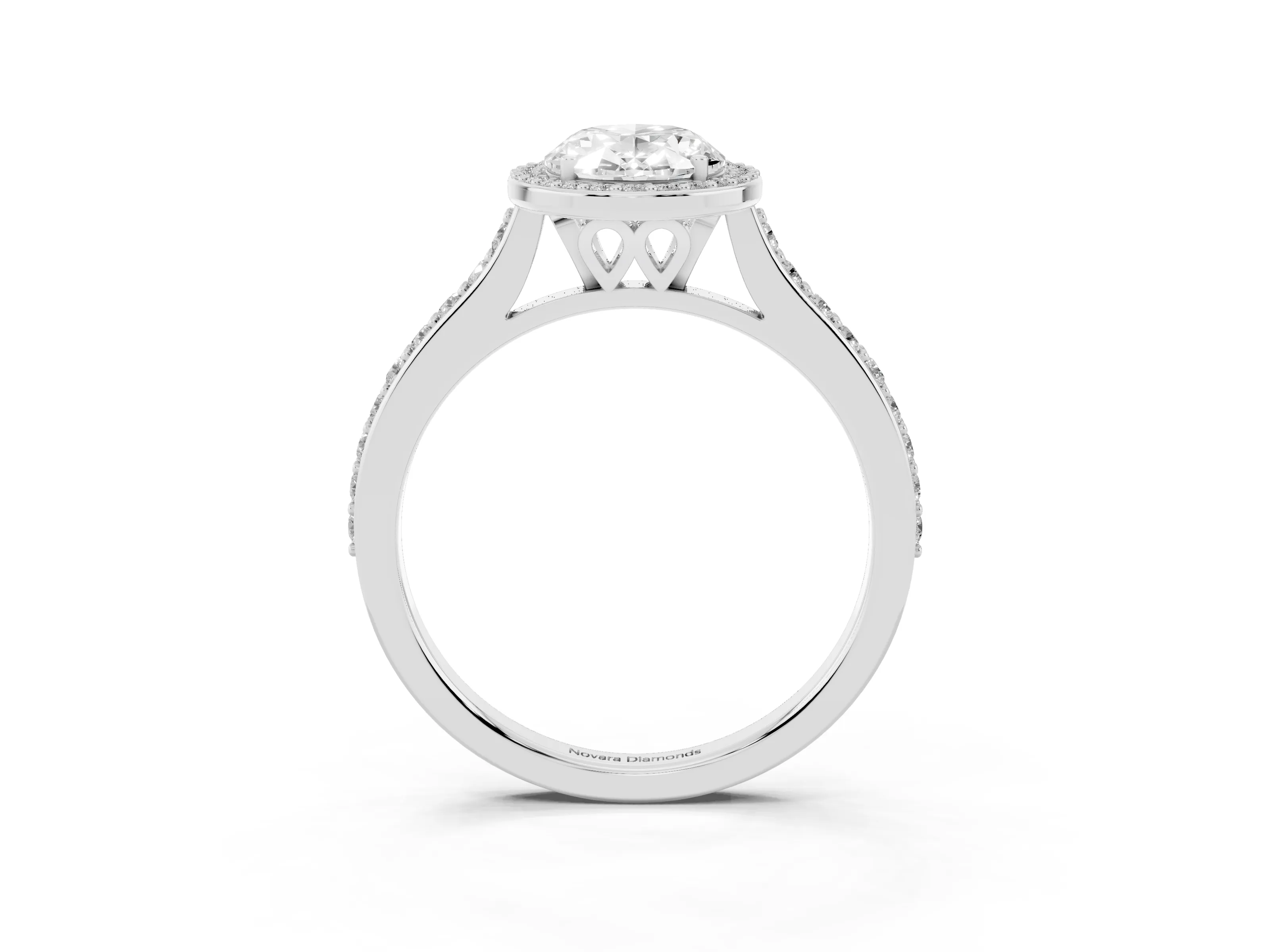 Oval Cut Diamond Halo Engagement Ring Set in Platinum with Round Pavé Shoulders and Heart Gallery