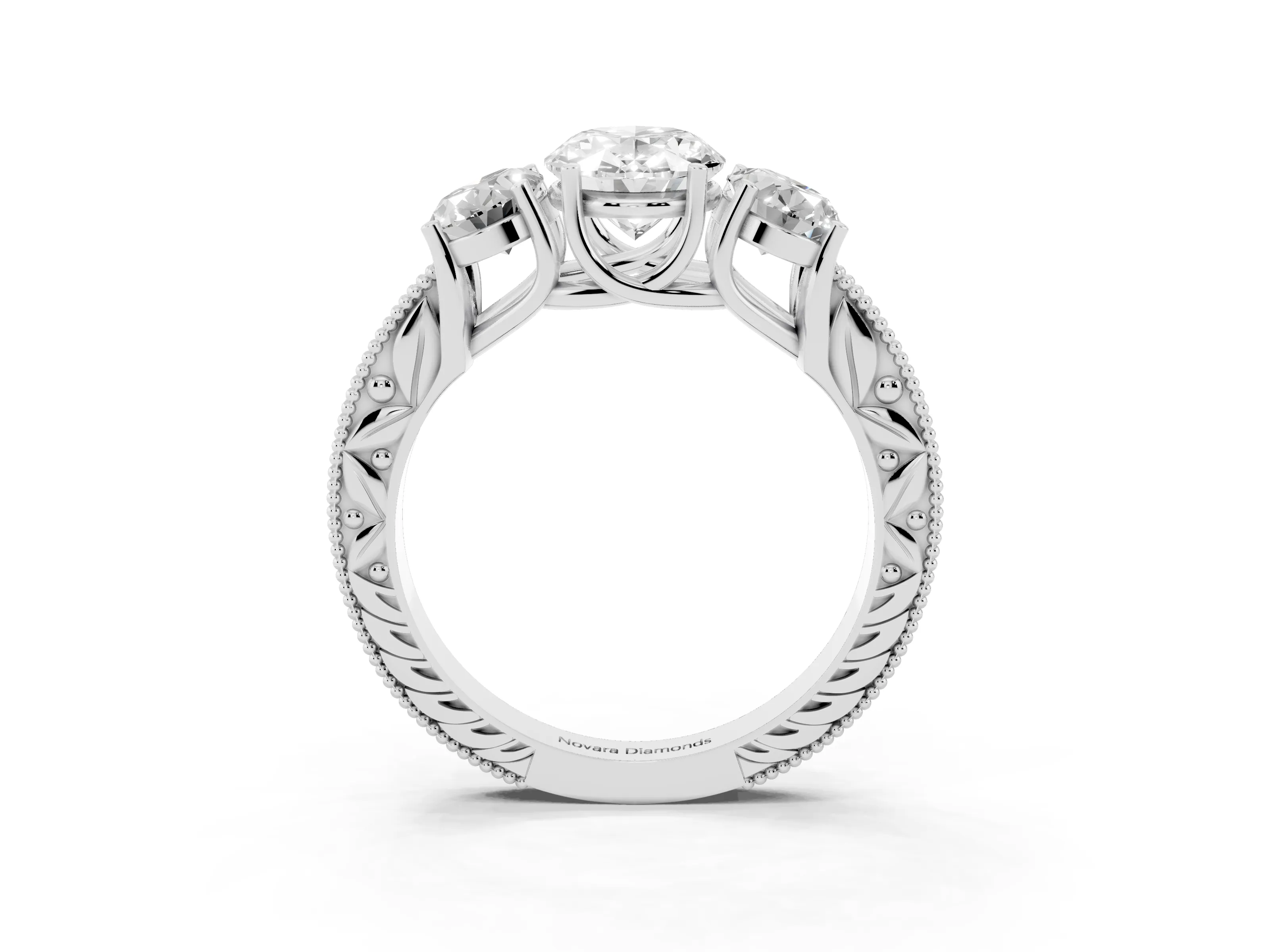 Oval Cut Diamond Three-Stone Engagement Ring Set in Silver with Milgrain Pavé Band