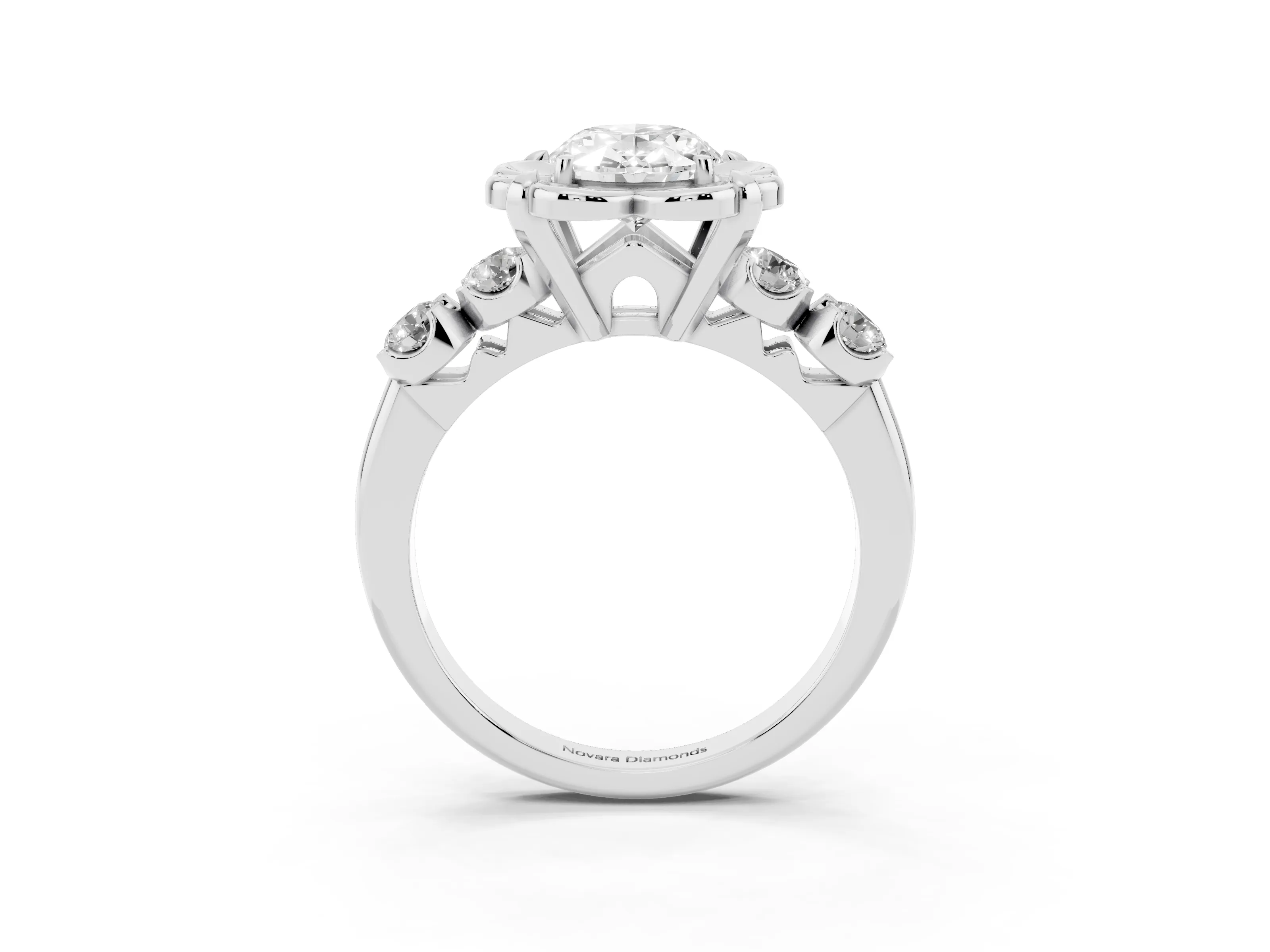 Oval Cut Diamond Floral Halo Ring Set in Silver with Shared Prong Band