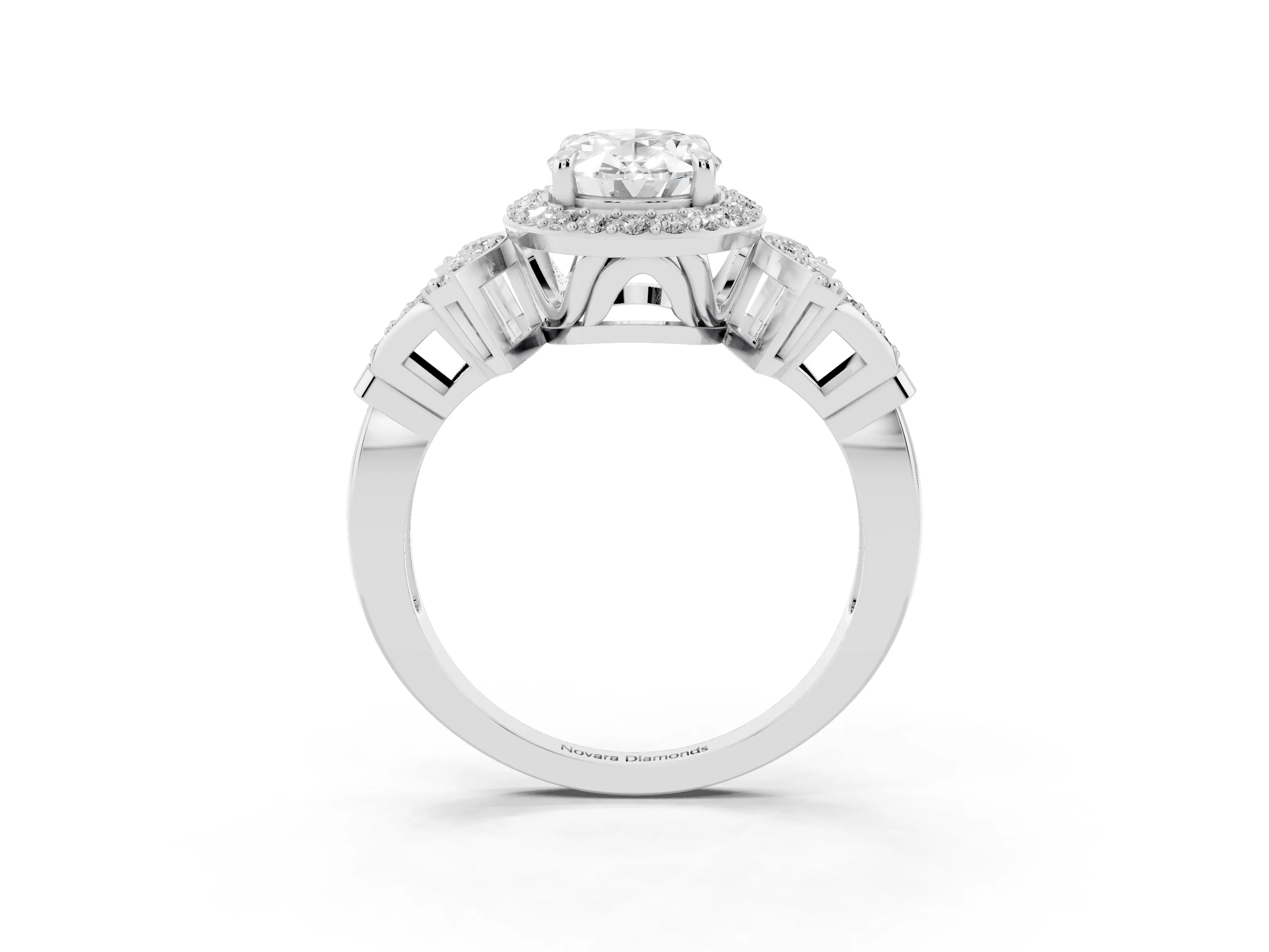 Oval Cut Diamond Halo Engagement Ring Set in Silver with Accent Stone Split Shank
