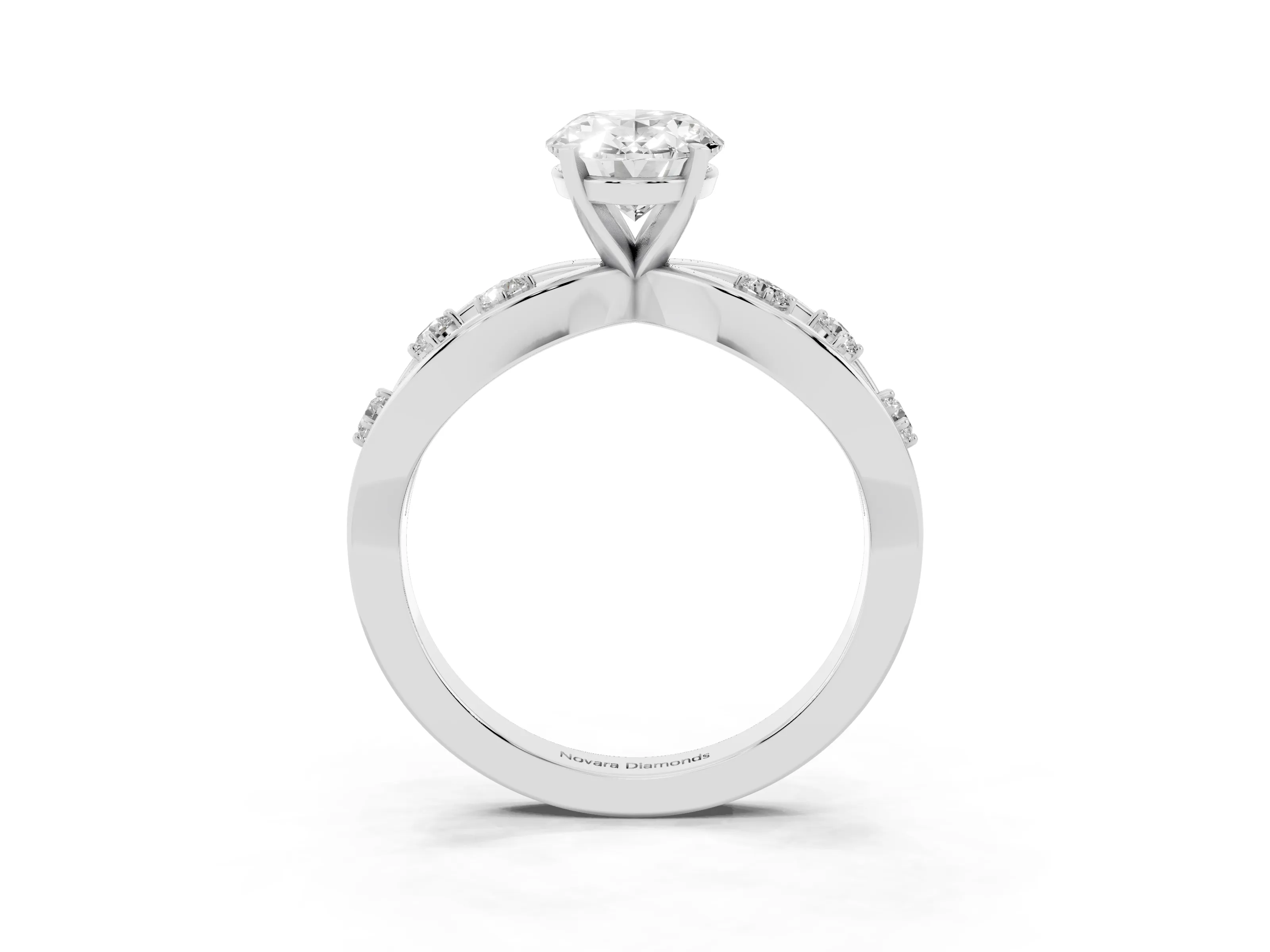 Oval Cut Diamond Solitaire Ring Set in White gold with Side Stones on Criss-Cross Band and Prong Setting