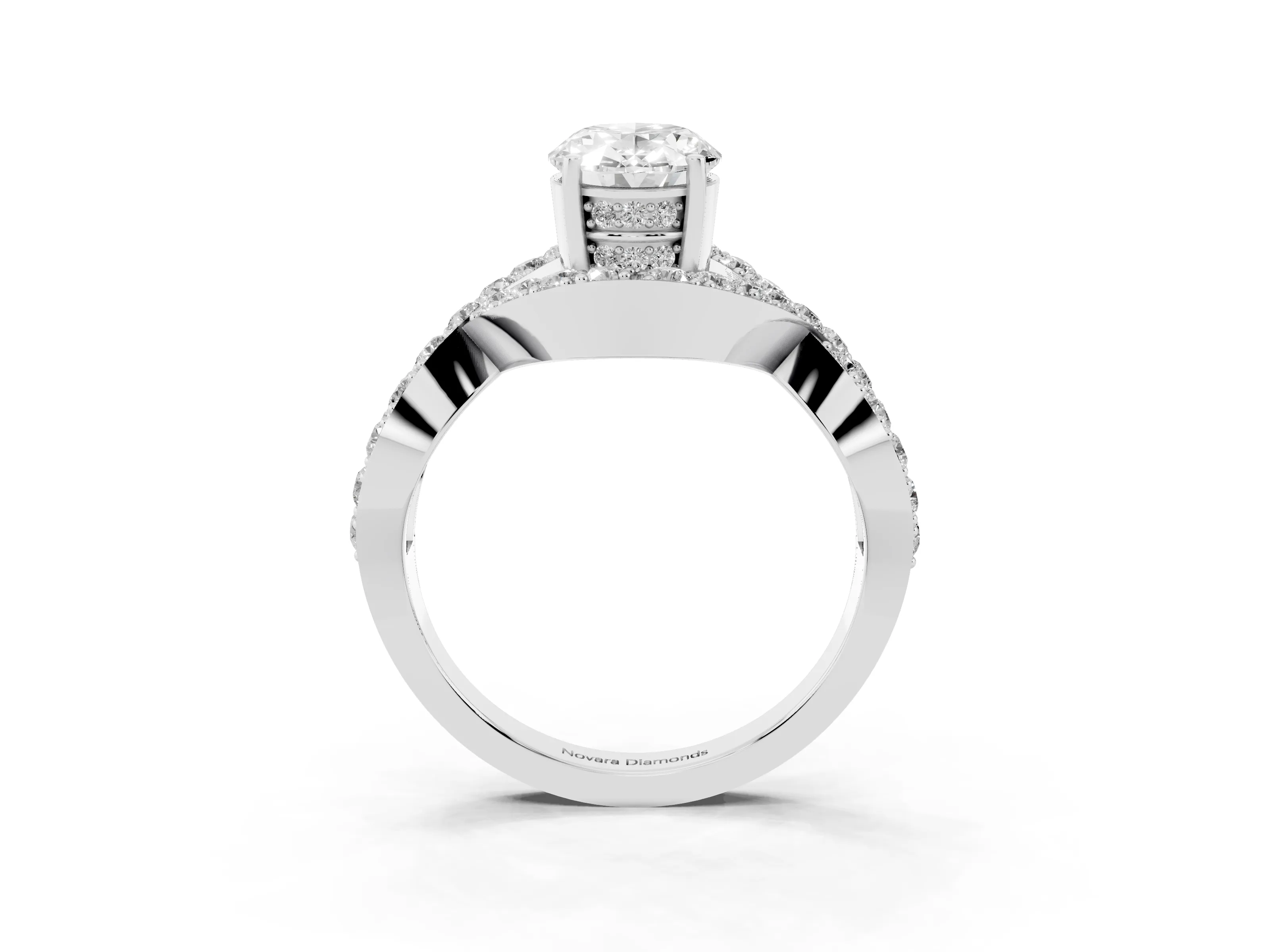 Oval Cut Diamond Solitaire Twist Band Pavé Engagement Ring Set in Platinum
