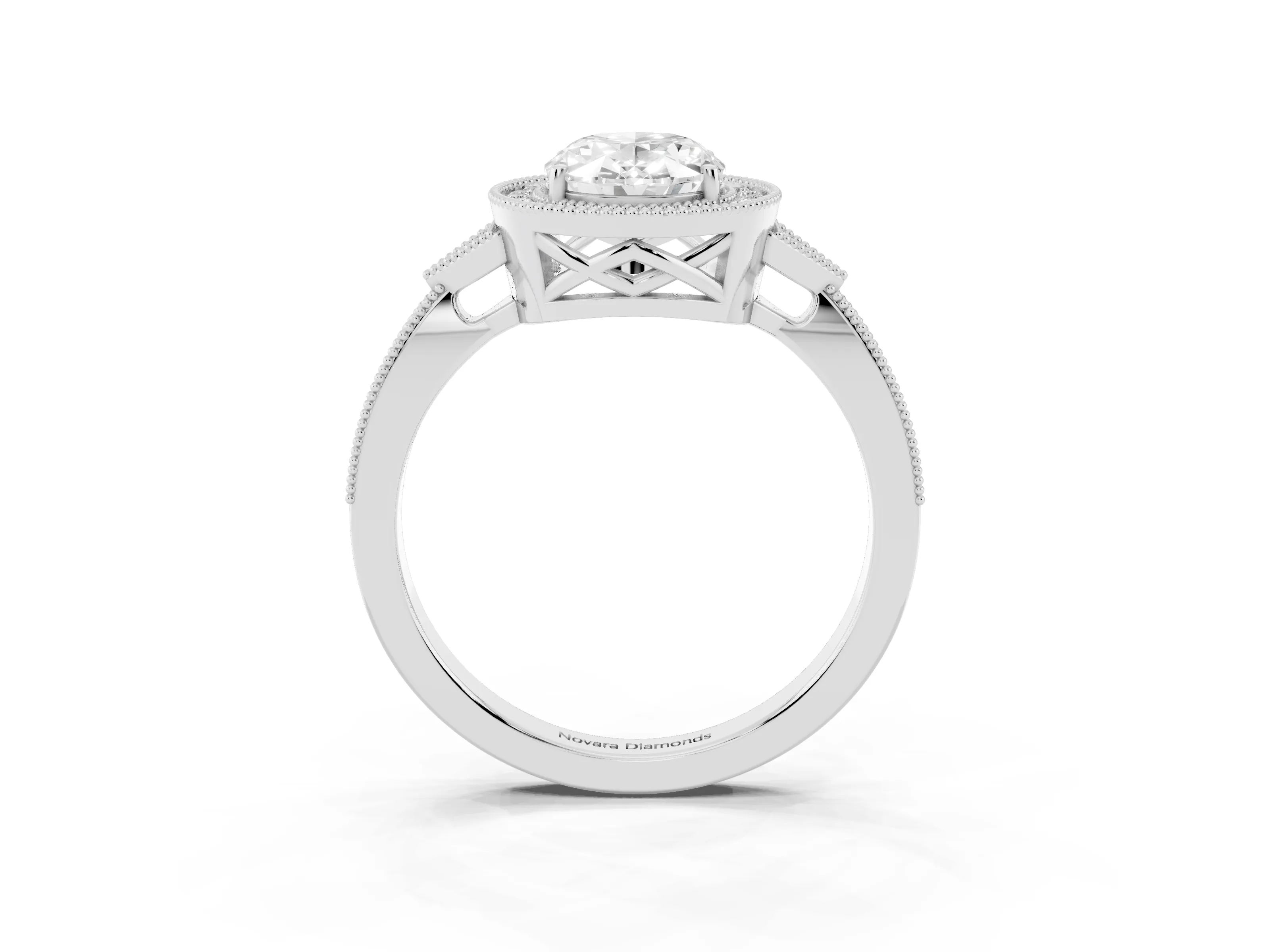 Oval Cut Diamond Halo Engagement Ring Set in Silver with Milgrain Pavé Band