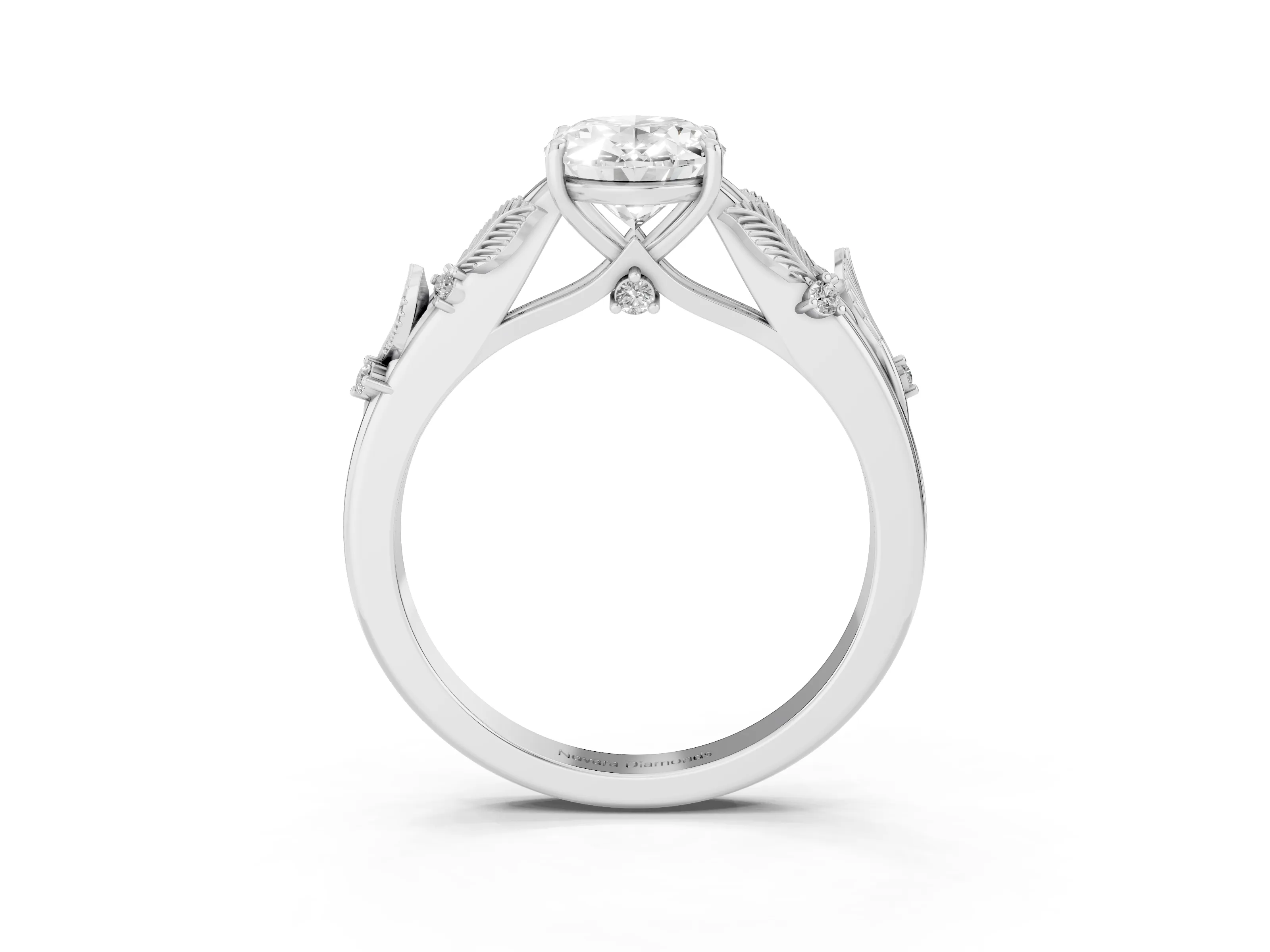 Oval Cut Diamond Solitaire Ring Set in White gold with Leaf Motif Band