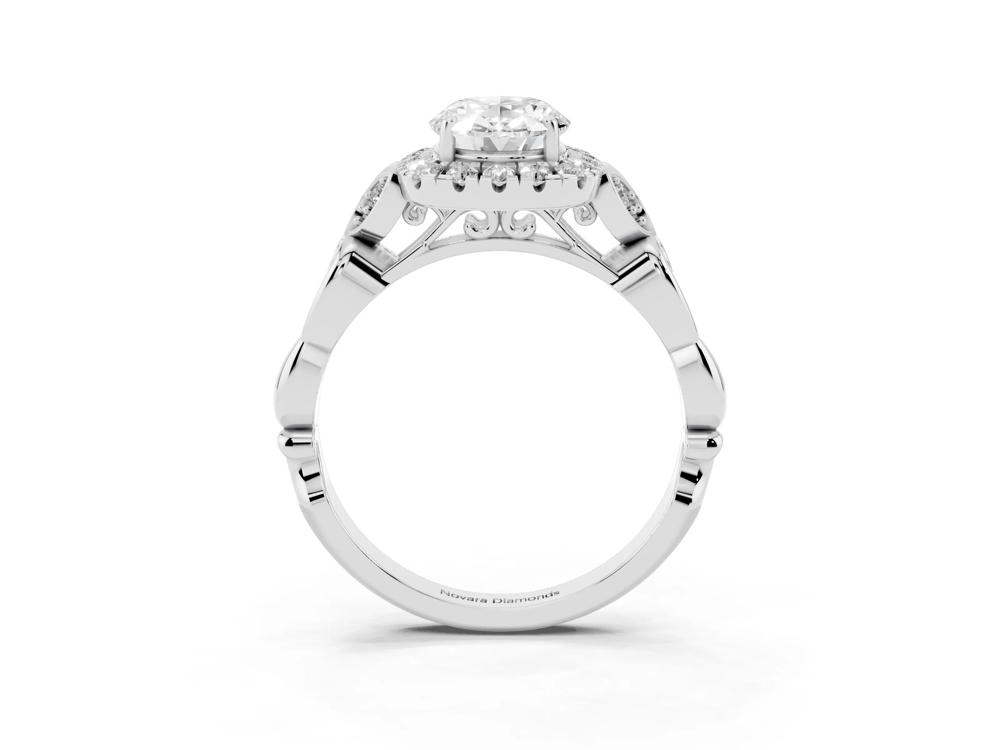 Oval Cut Diamond Halo Engagement Ring Set in Platinum with Vintage-Inspired Band and Prong Setting