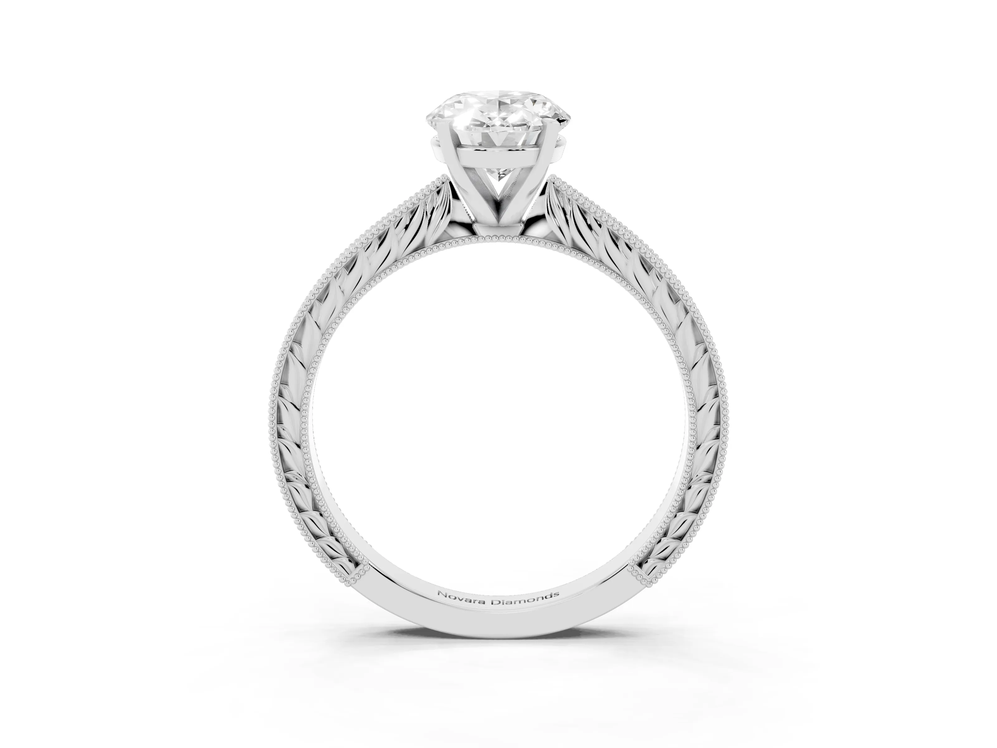 Oval Cut Diamond Solitaire Milgrain Engraved Band Set in Platinum with Prong Setting