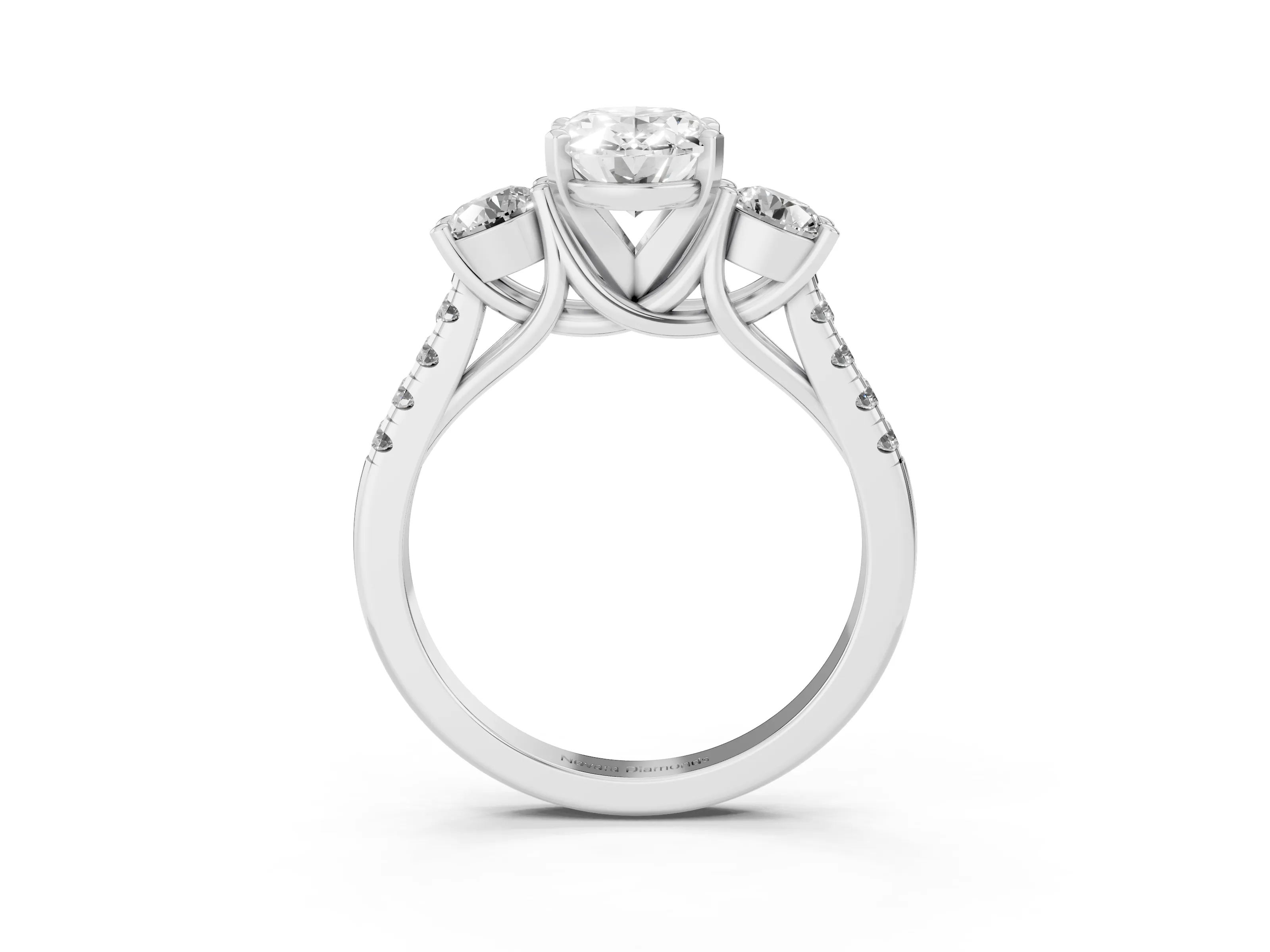 Three-Stone Oval Cut Diamond Pavé Band Ring Set in Silver with Prong-Set Trio