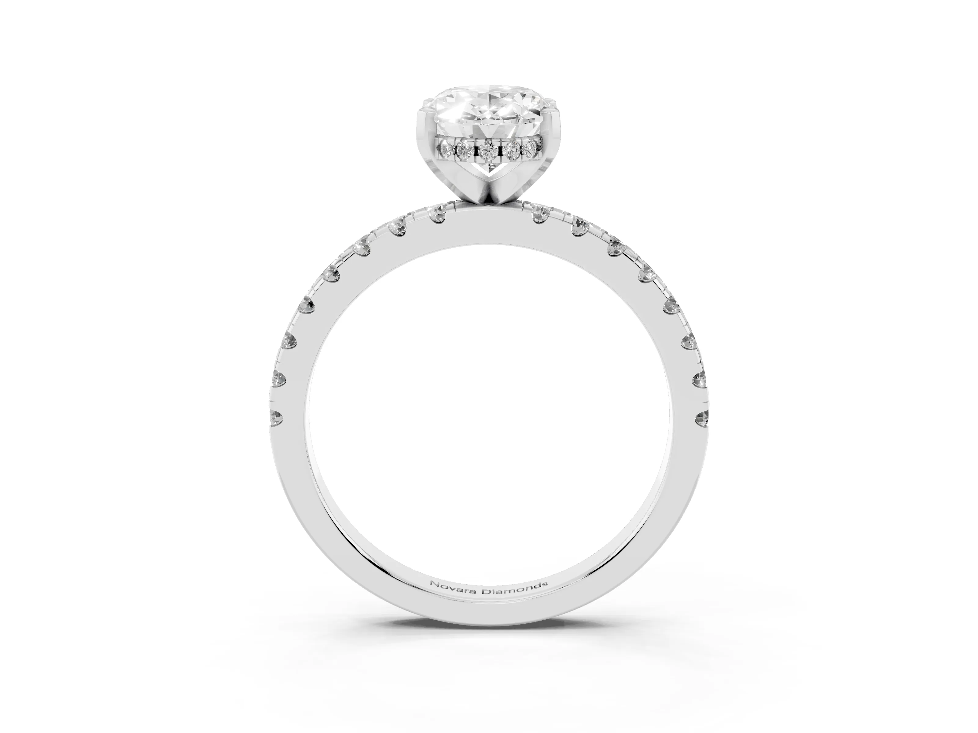 Oval Cut Diamond Pavé Solitaire Ring Set in Platinum with Round Band Accents and Prong Setting