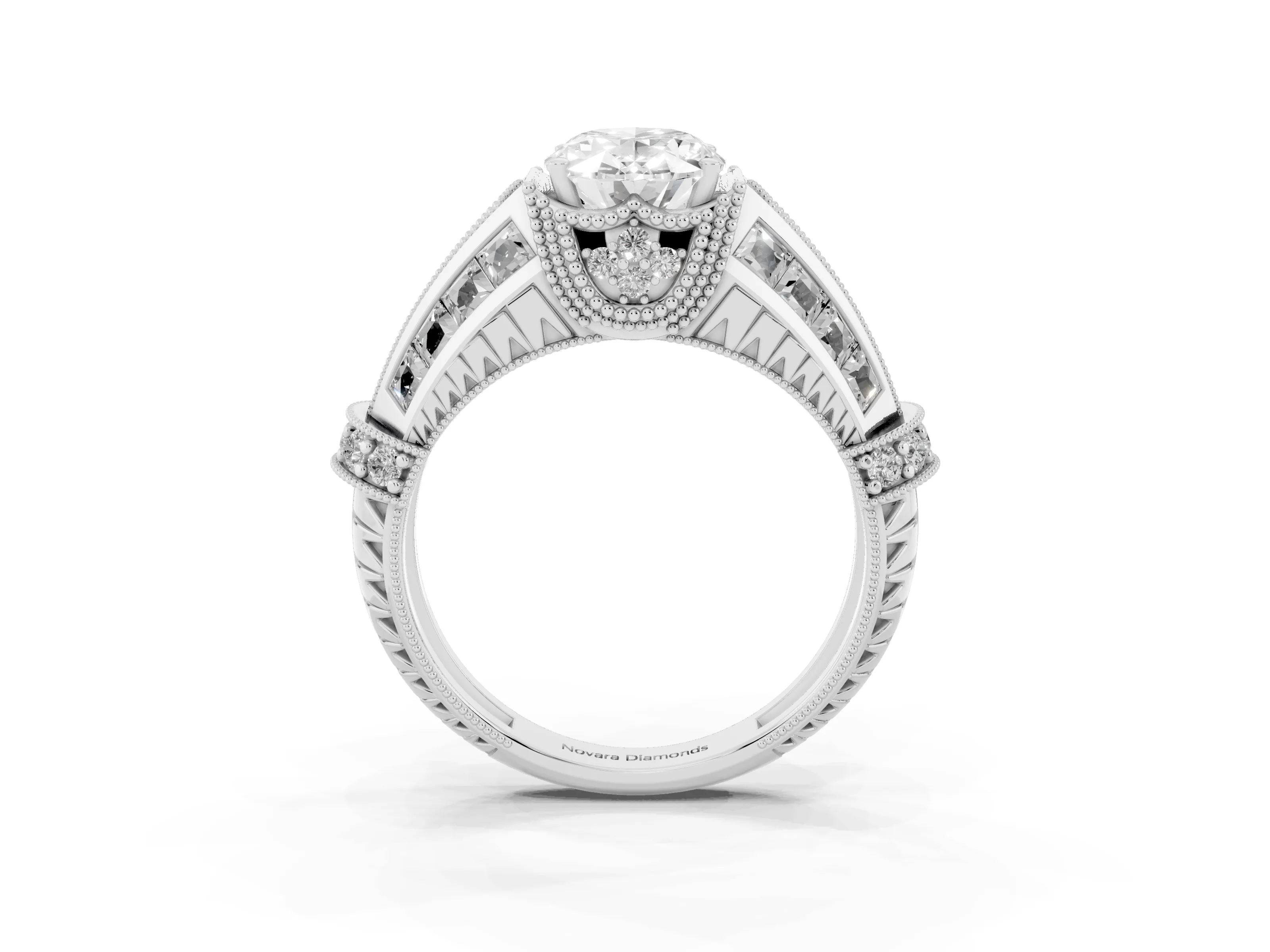 Oval Cut Diamond Vintage-Inspired Milgrain Ring Set in Silver with Accent Split Shank