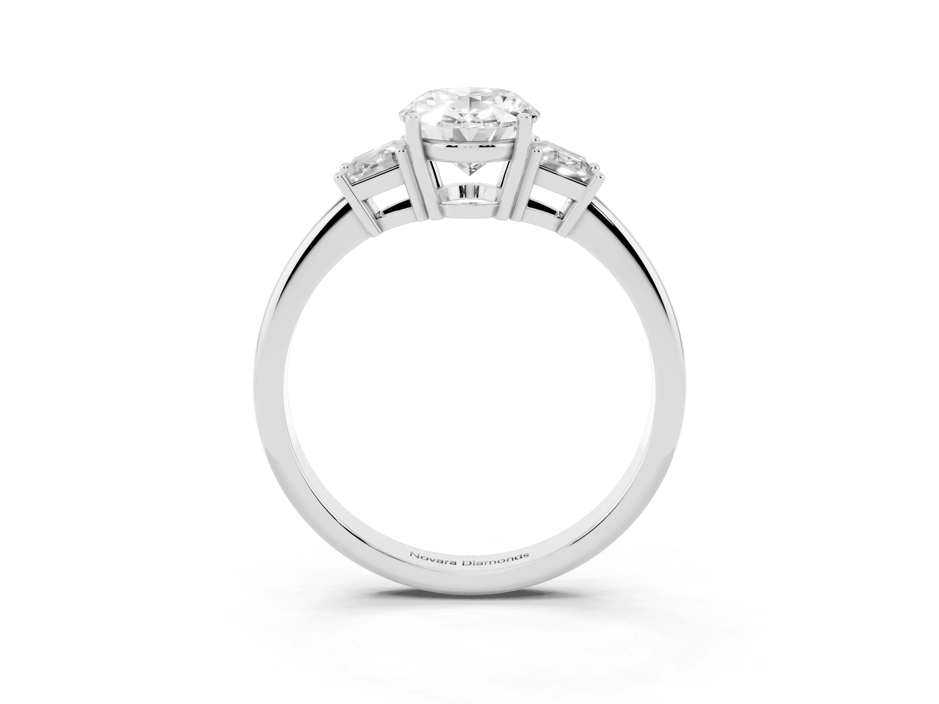 Oval Cut Diamond Three-Stone Ring Set in White gold with Trapezoid Side Stones and Prong Setting
