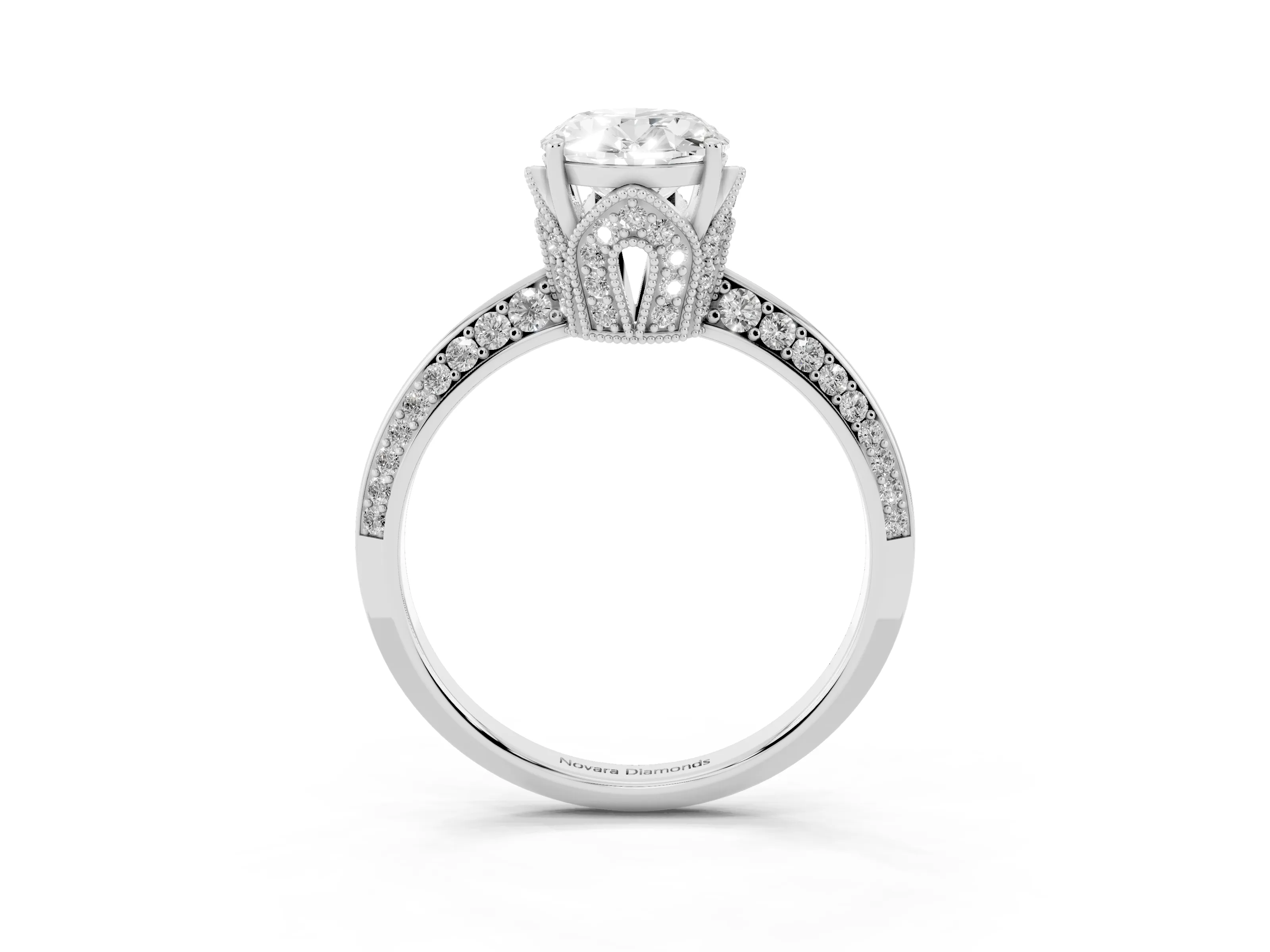 Oval Cut Diamond Solitaire Engagement Ring Set in Platinum with Pavé Split Shank and Prong Setting