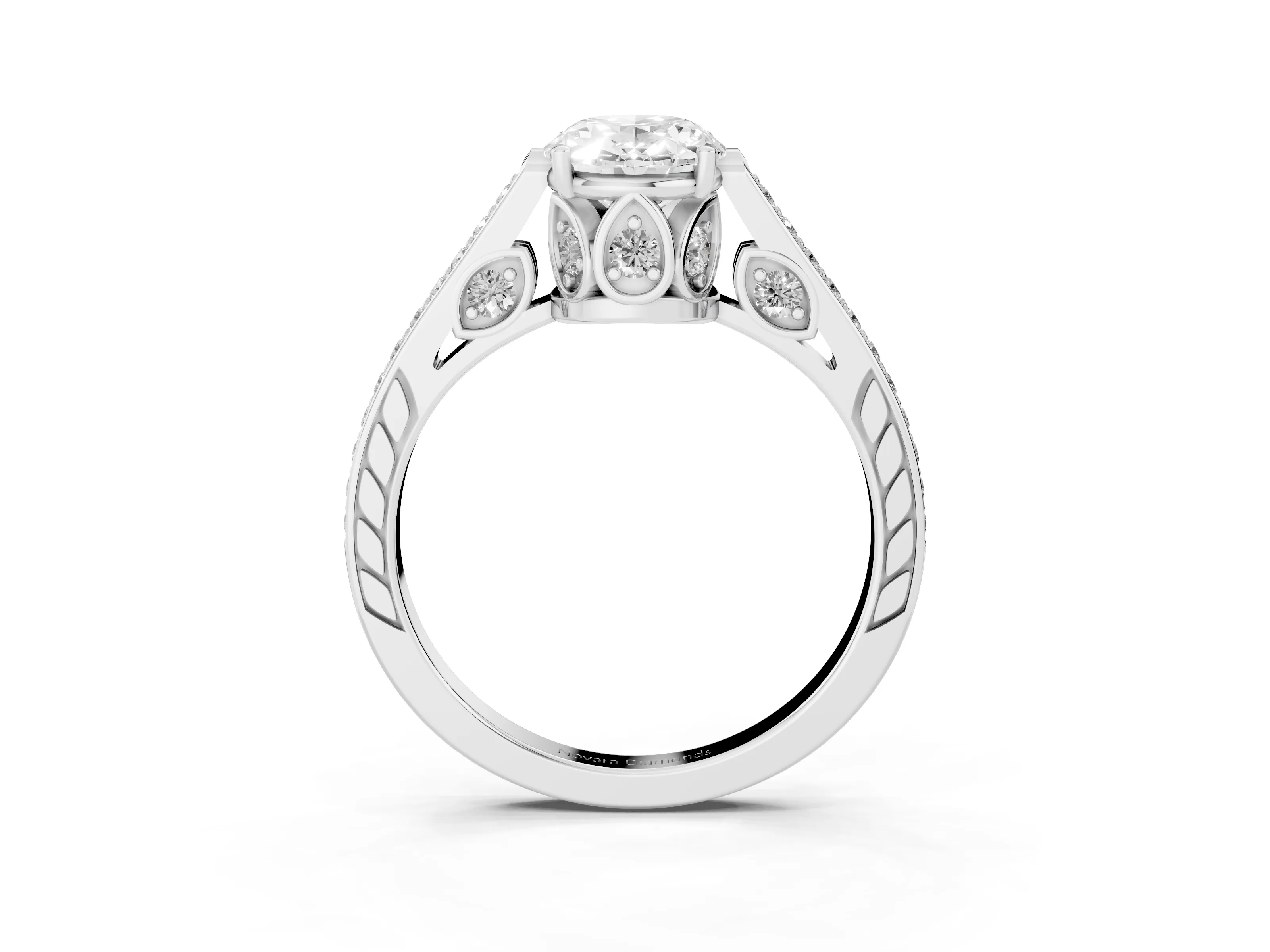 Oval Cut Diamond Cathedral Pavé Engagement Ring Set in White gold with Prong Setting