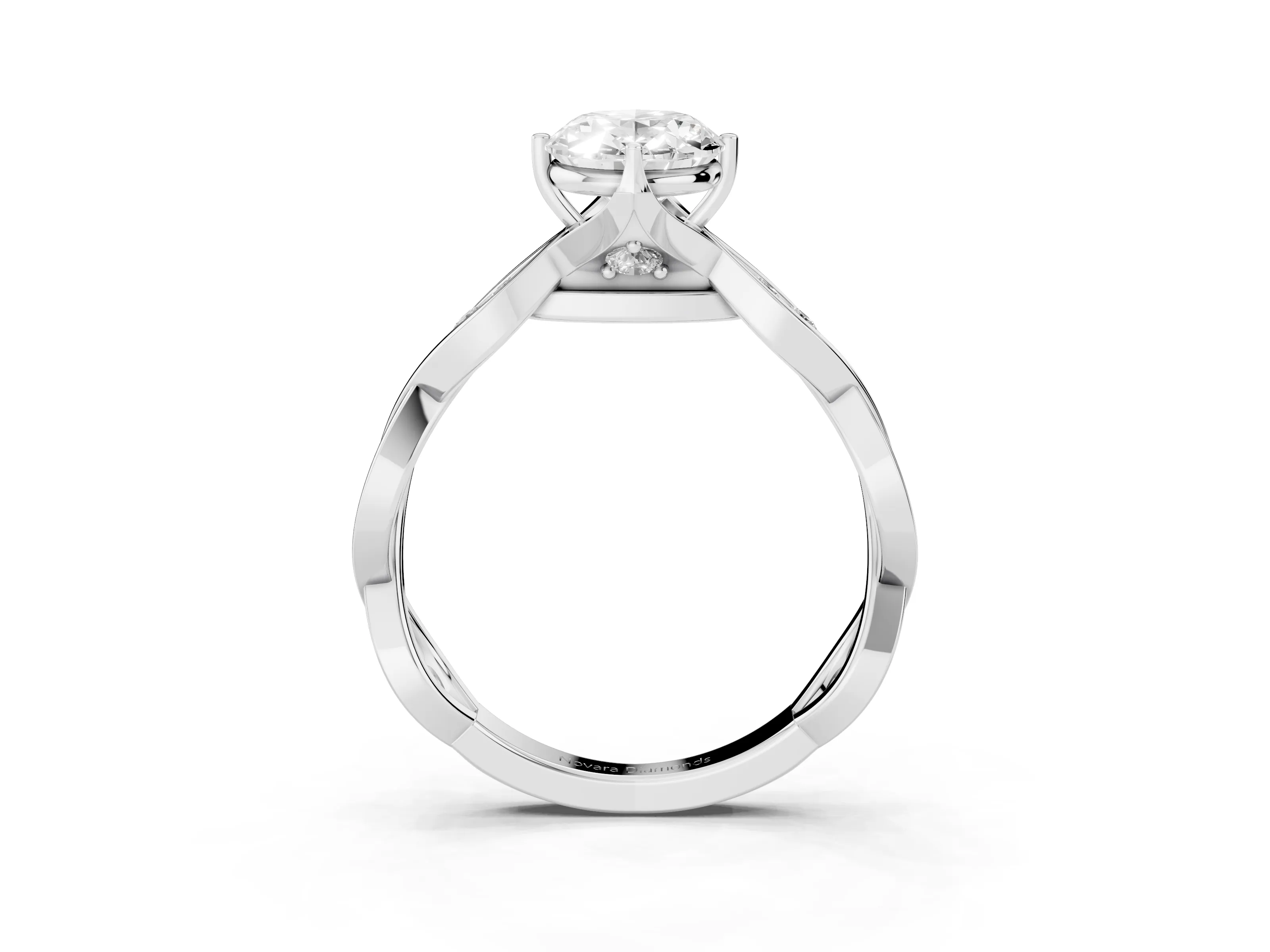 Oval Cut Diamond Twist Band Solitaire Ring Set in Platinum with Leaf Prong Setting and Accent Stones