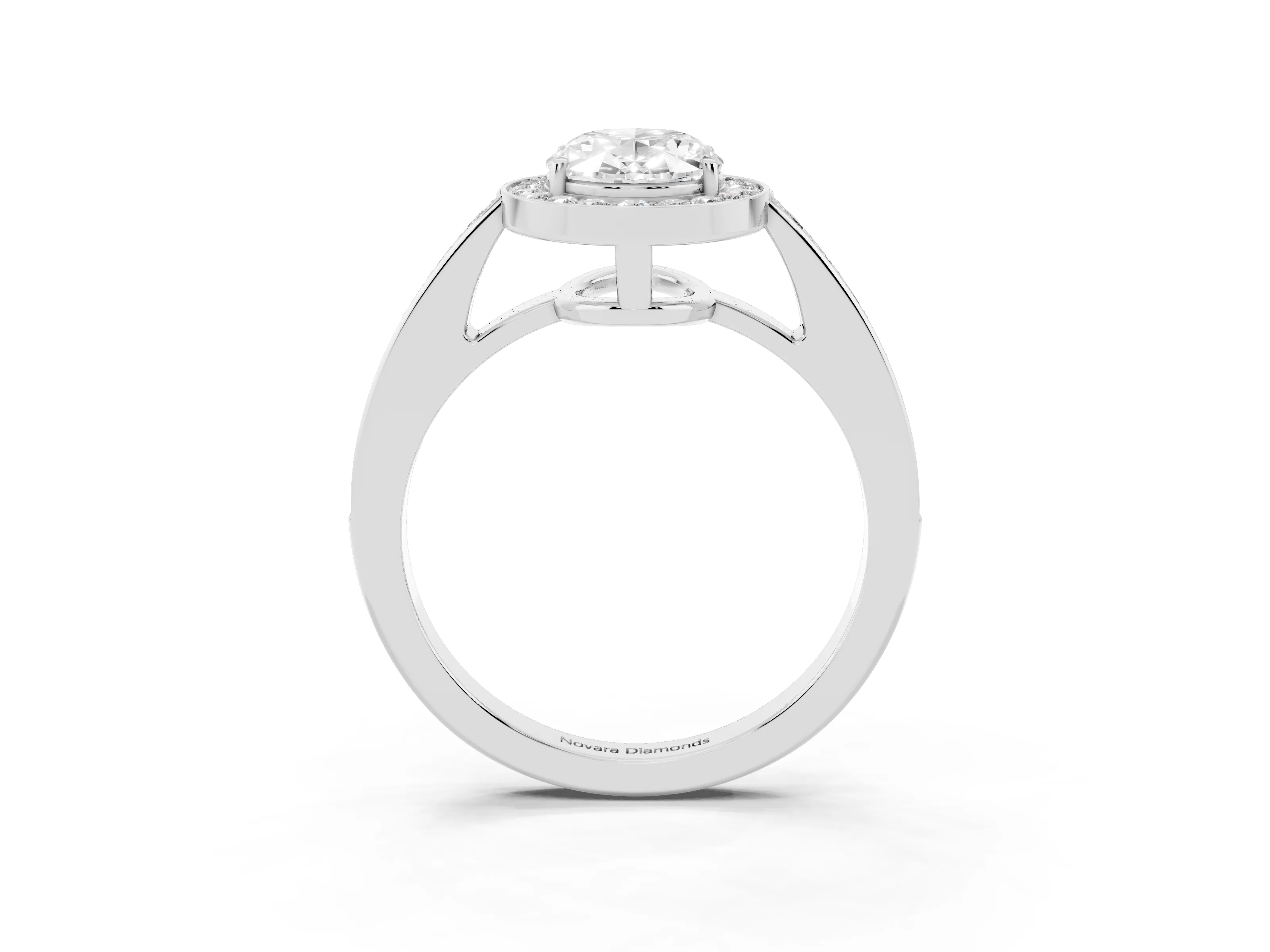 Oval Cut Diamond Halo Pavé Engagement Ring Set in White gold with Bezel Setting