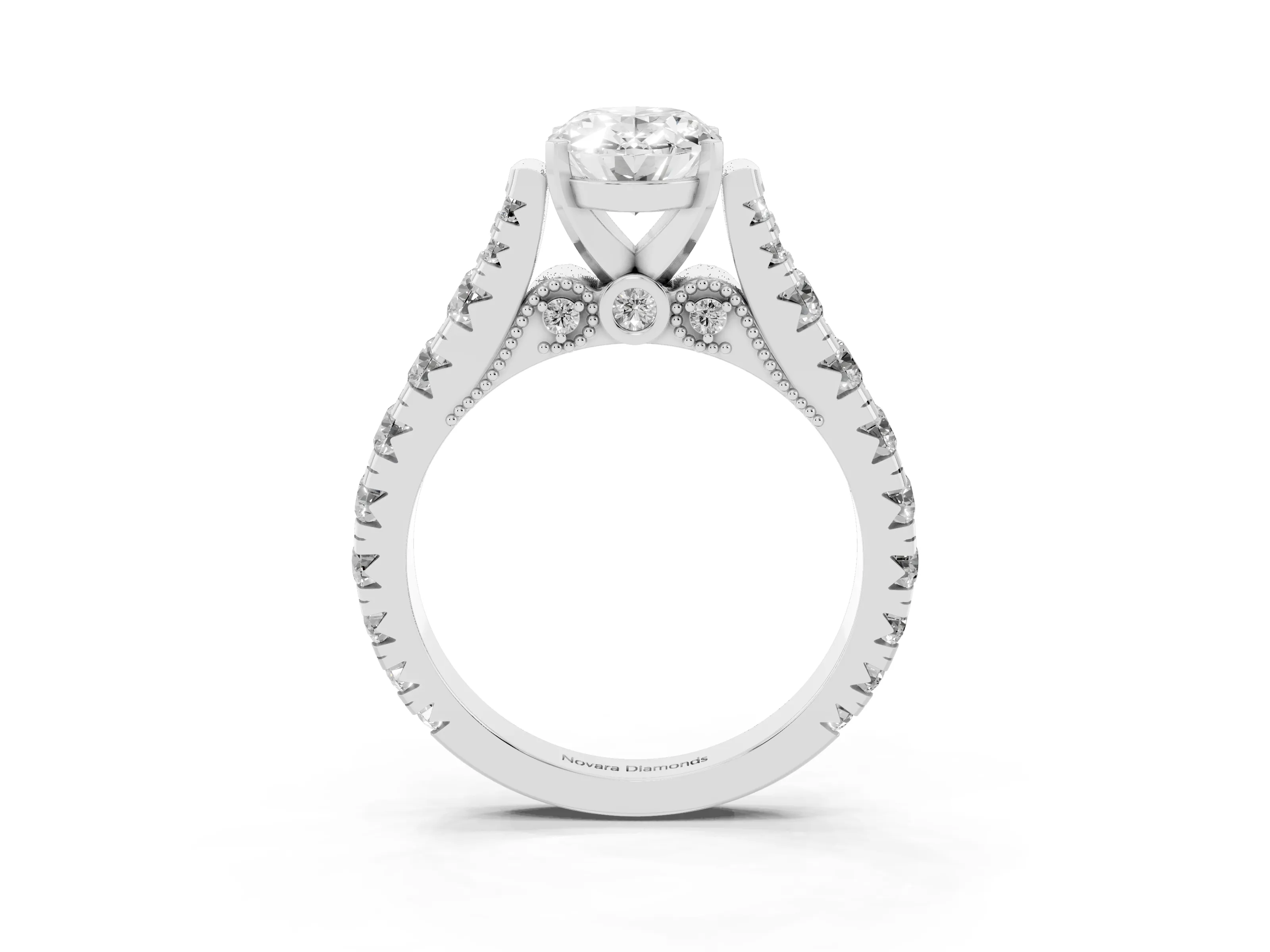 Oval Cut Diamond Classic Solitaire Ring Set in Platinum with Pavé Band and Prong Setting