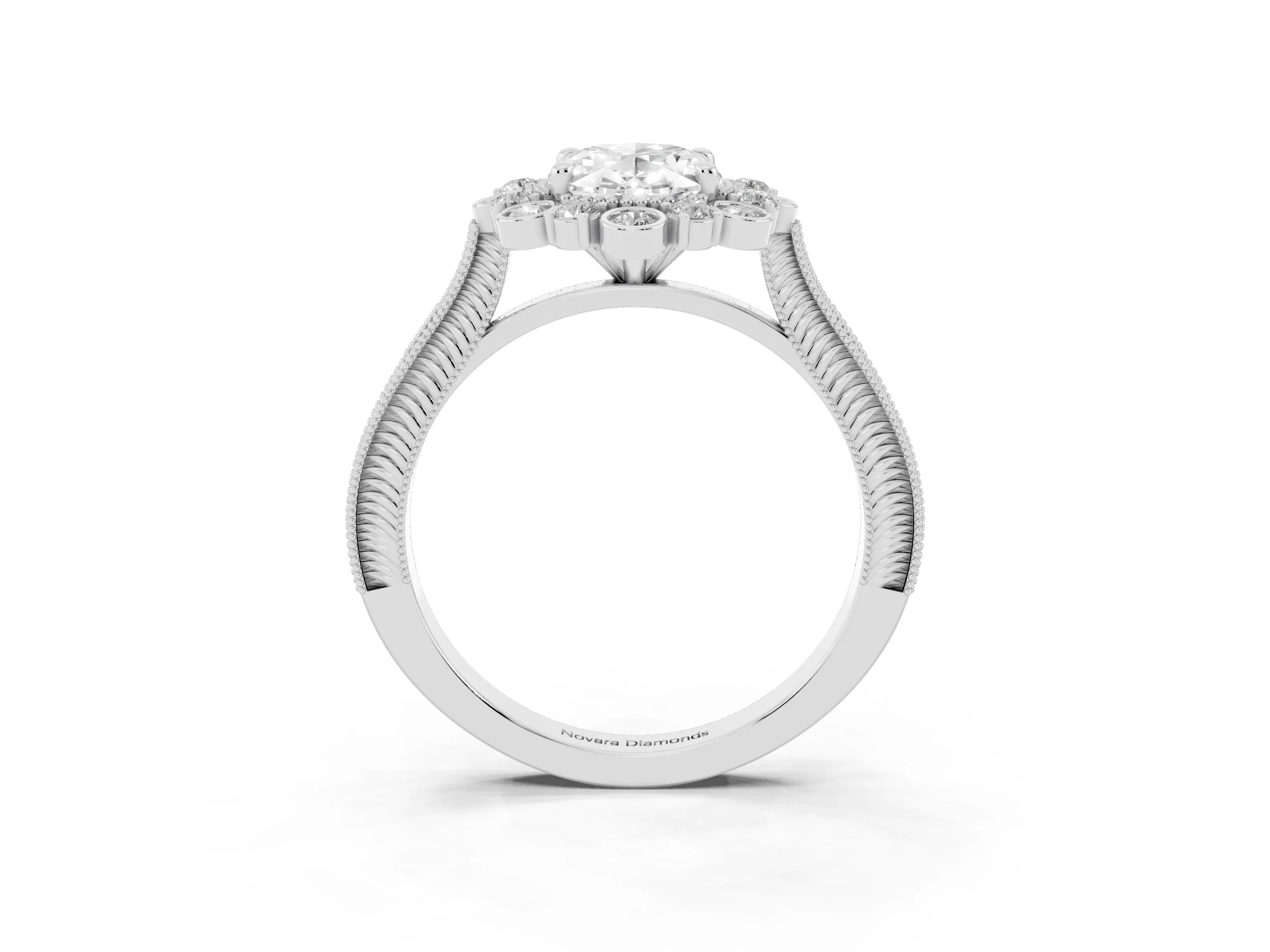 Oval Cut Diamond Halo Milgrain Pavé Ring Set in Platinum with Prong Setting