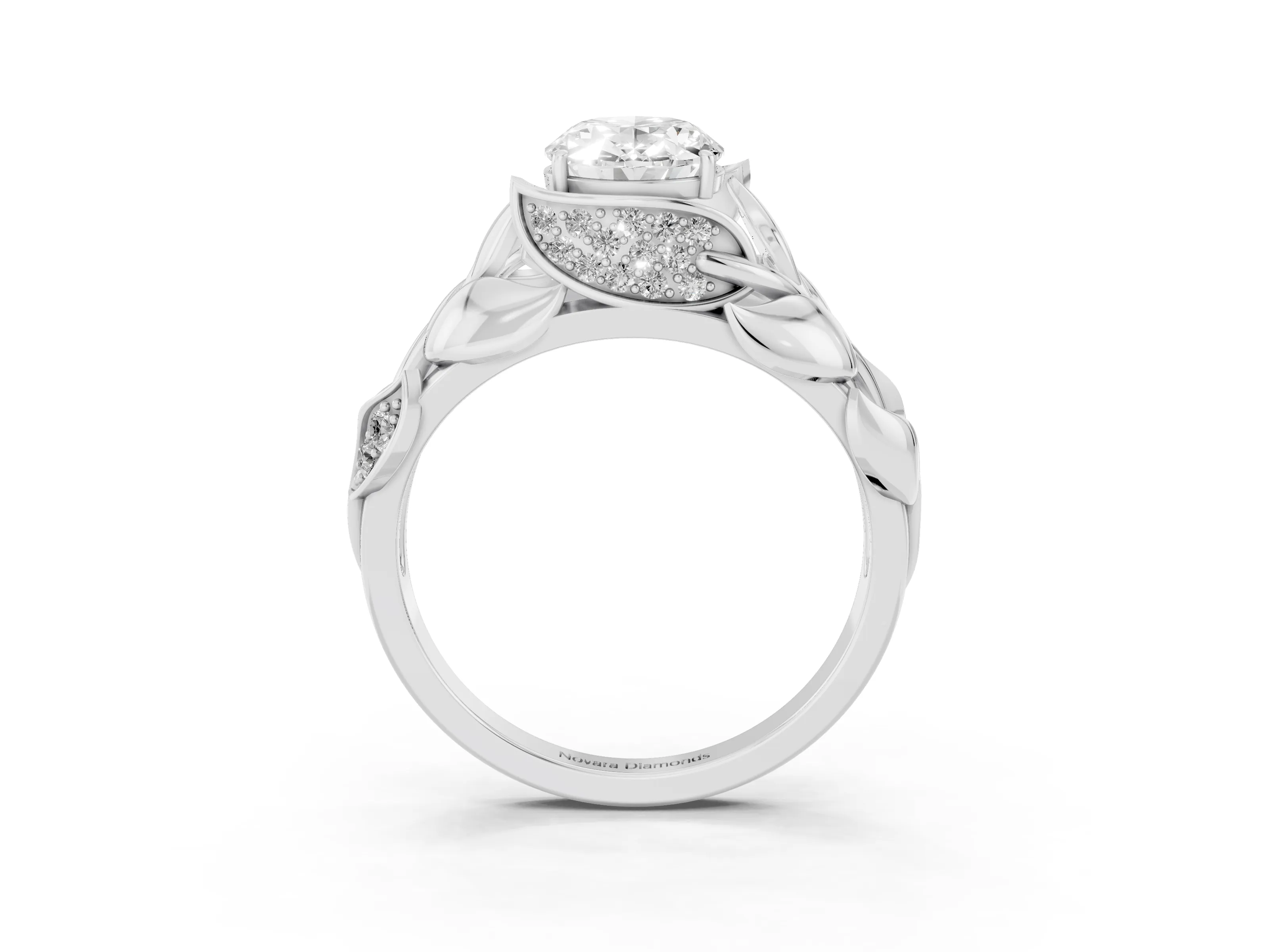 Oval Cut Diamond Leaf-Inspired Engagement Ring Set in White gold with Round Accents