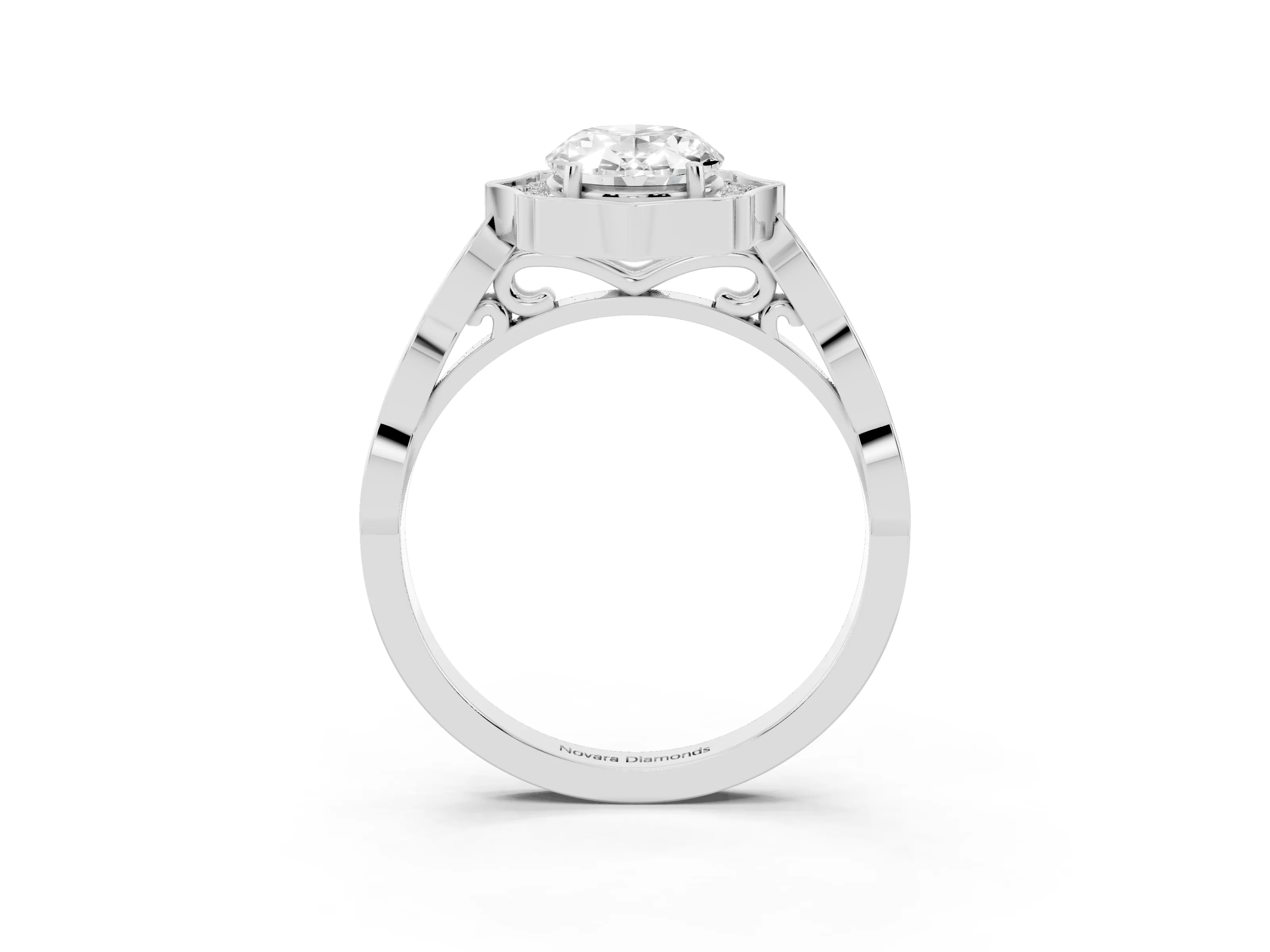 Oval Cut Diamond Halo Engagement Ring Set in White gold with Milgrain Band and Prong Setting