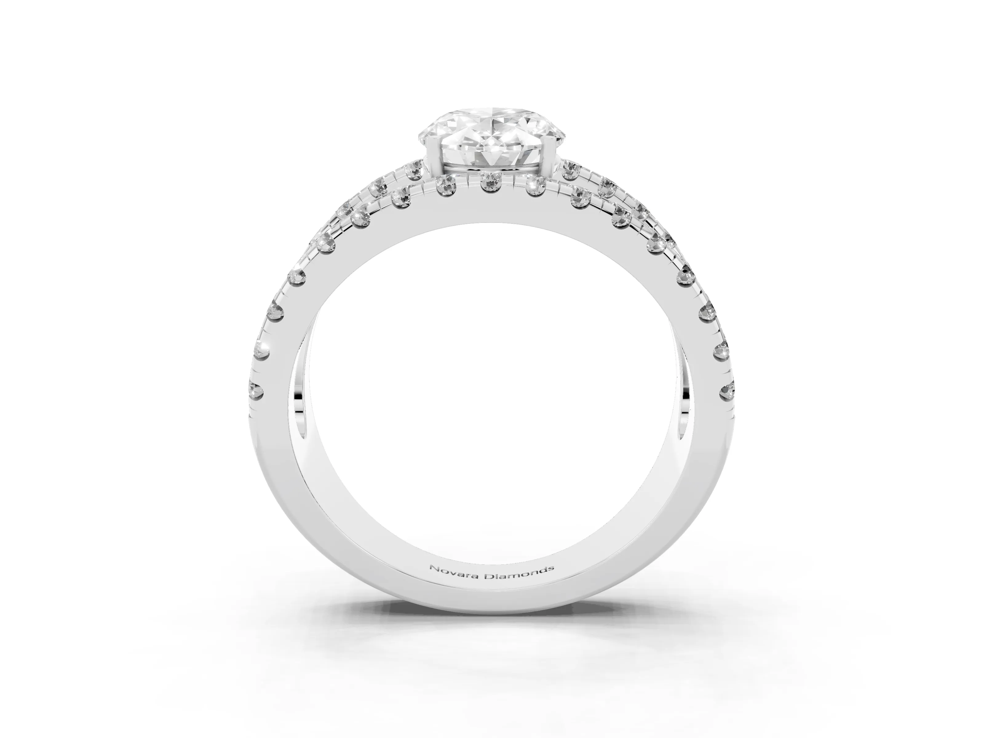 Oval Cut Diamond Split Shank Pavé Solitaire Ring Set in Silver with Open Shank Design