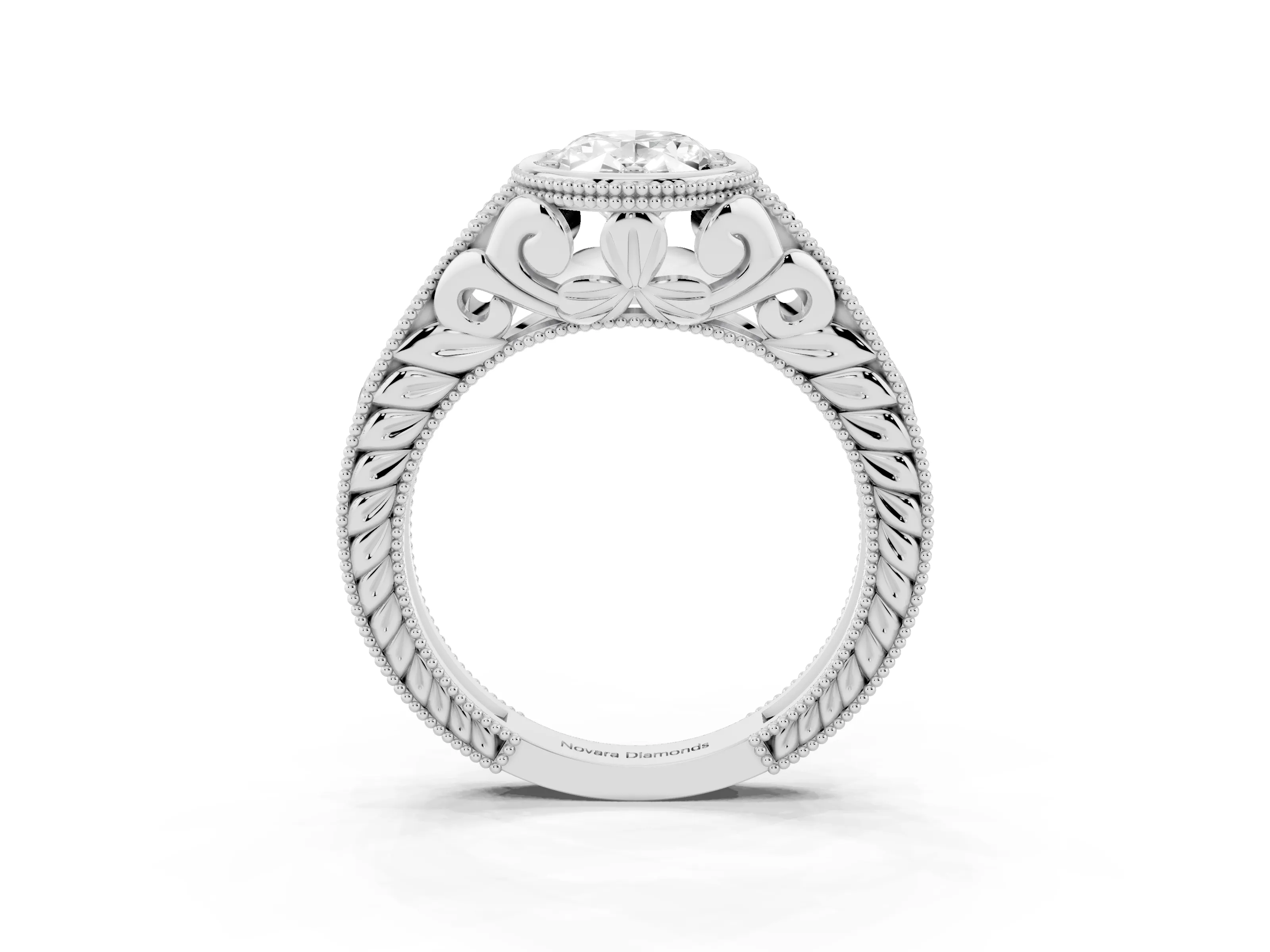 Bezel Set Oval Cut Diamond Milgrain Pavé Engagement Ring Set in Silver