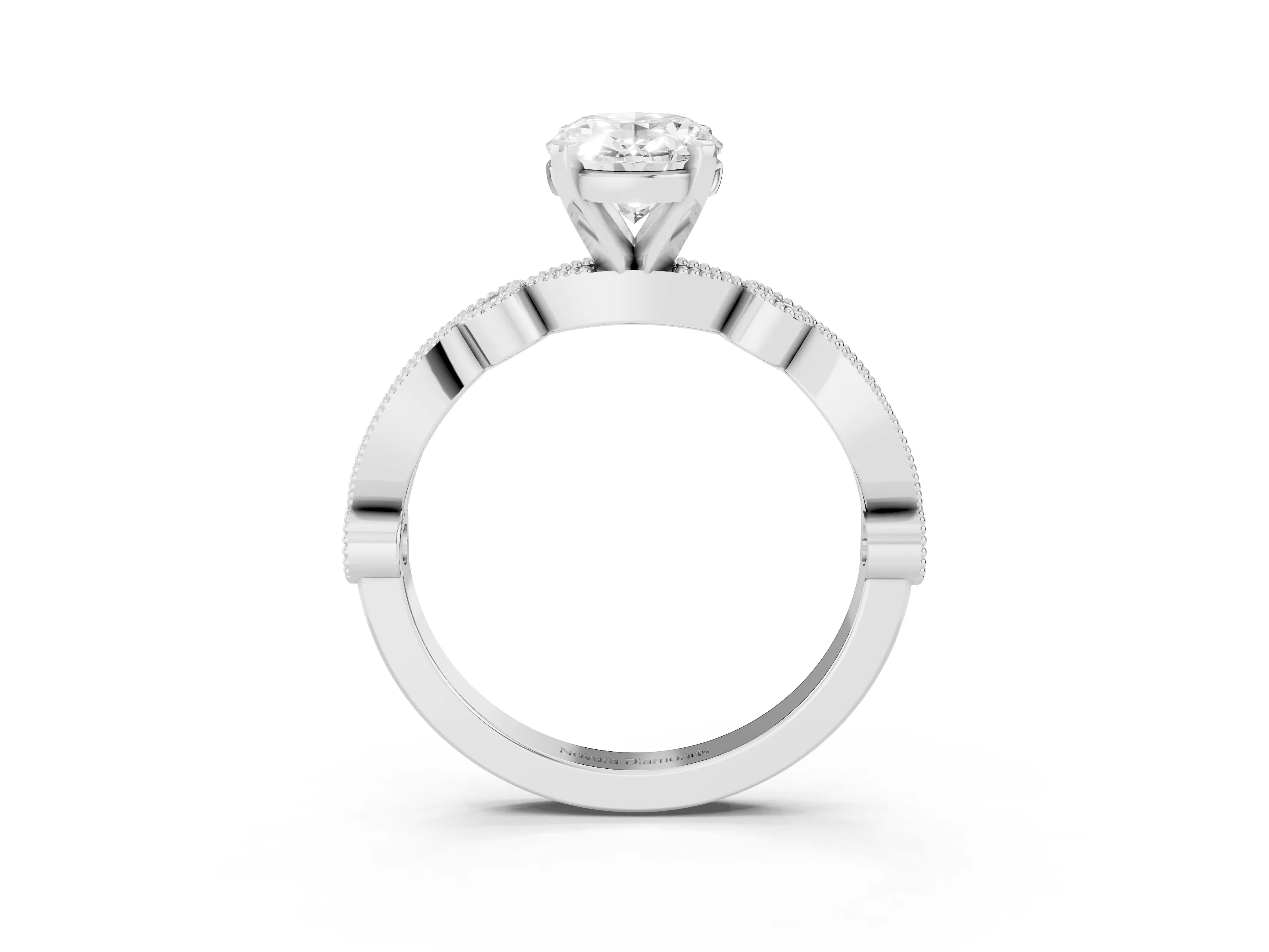 Oval Cut Diamond Solitaire Engagement Ring Set in Platinum with Milgrain Bezel Accent Band