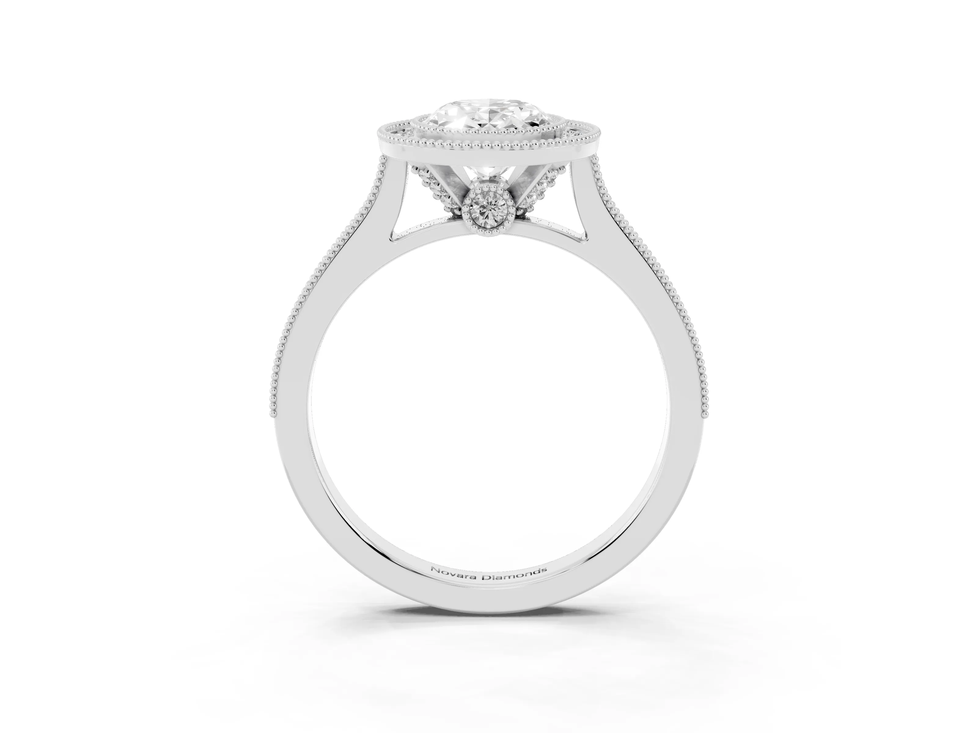 Oval Cut Diamond Halo Milgrain Pavé Band Ring Set in Silver with Prong Setting