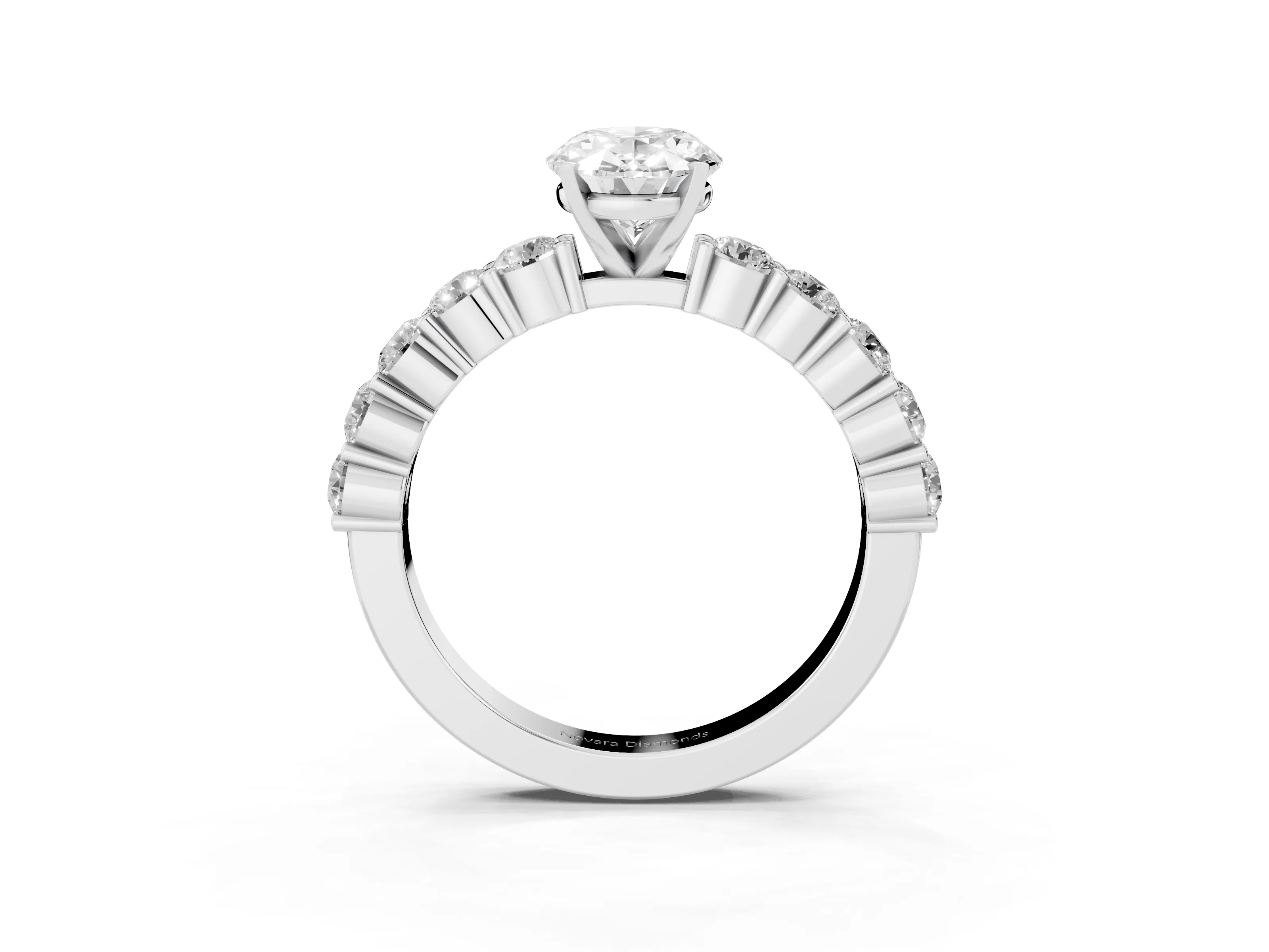 Oval Cut Diamond Solitaire Ring Set in Platinum with Shared Prong Round Side Stones
