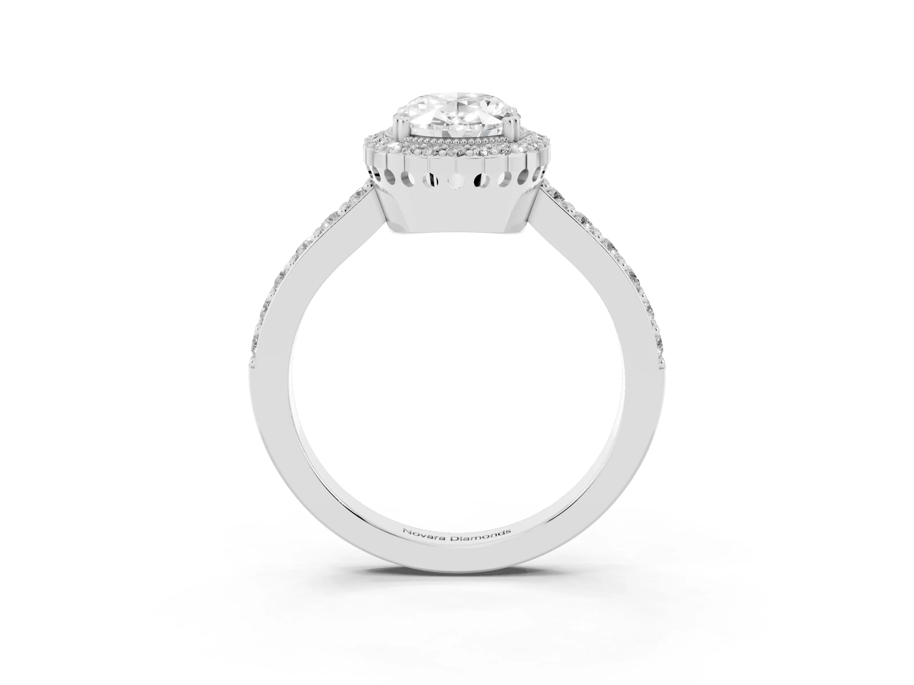 Oval Cut Diamond Halo Engagement Ring Set in Platinum with Milgrain Detail and Pavé Band