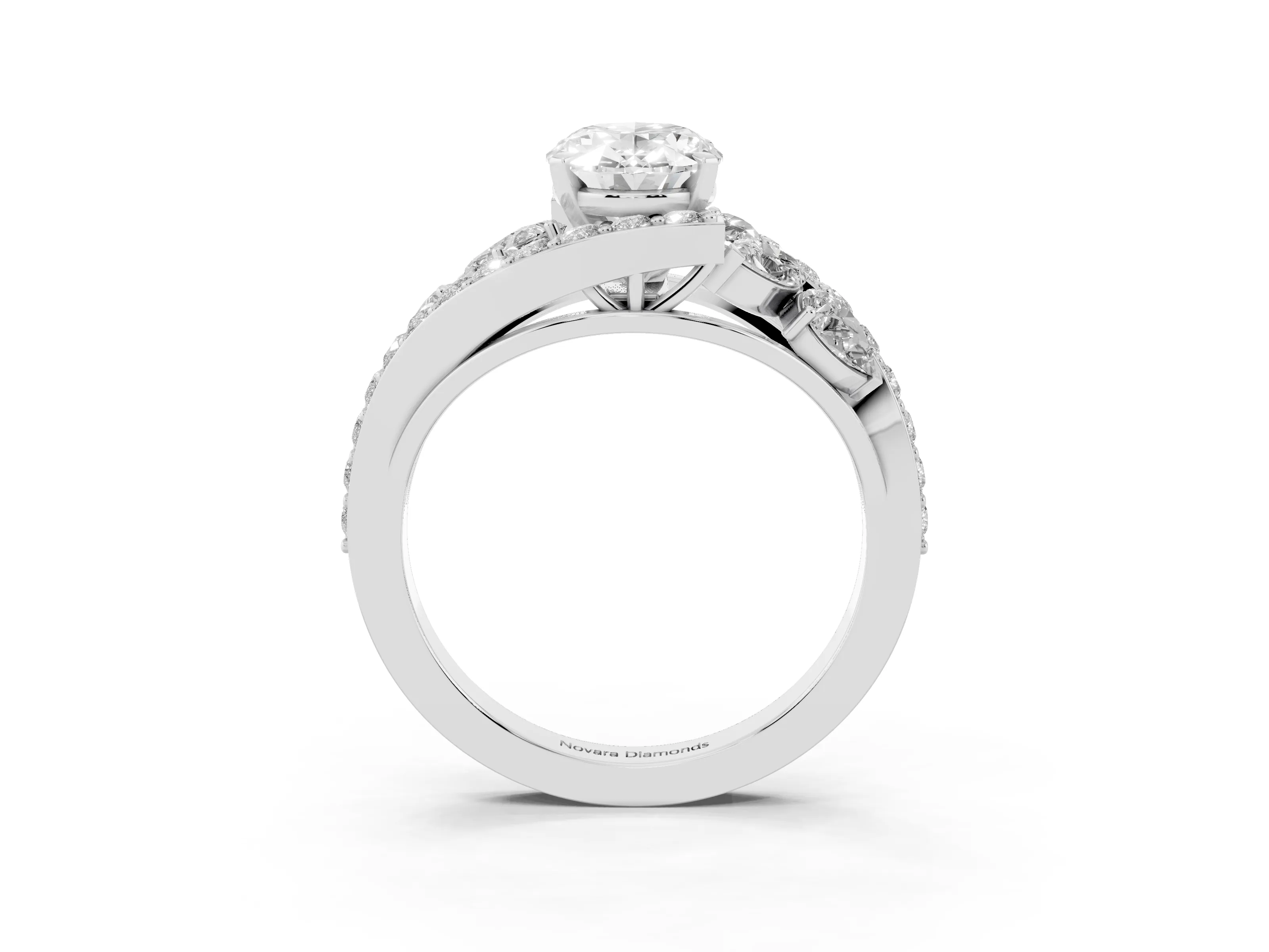 Oval Cut Diamond Halo Ring Set in White gold with Marquise and Pavé Band in Prong Setting