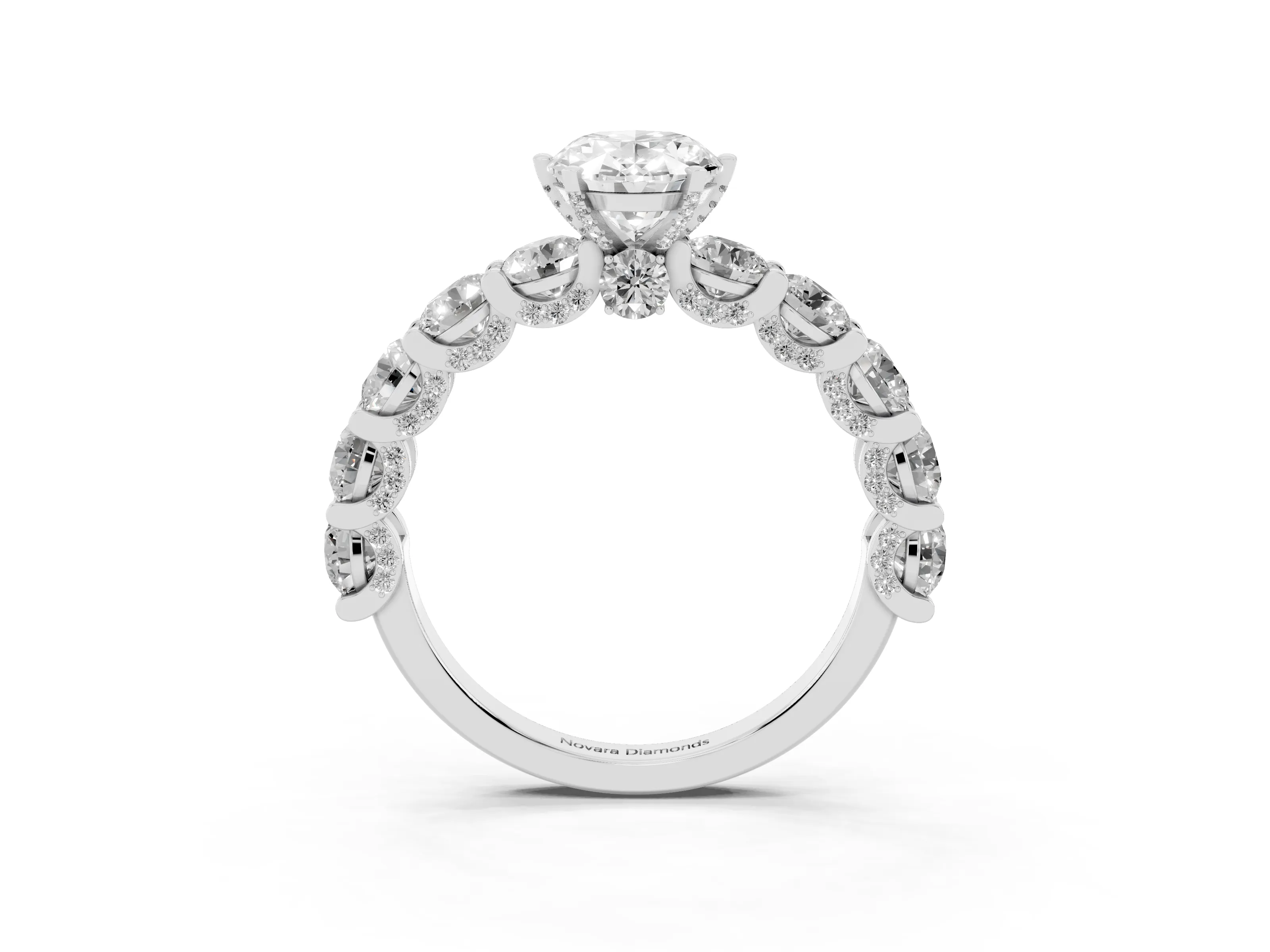 Oval Cut Diamond Side Stone Ring Set in White gold with Alternating Round and Oval Side Stones