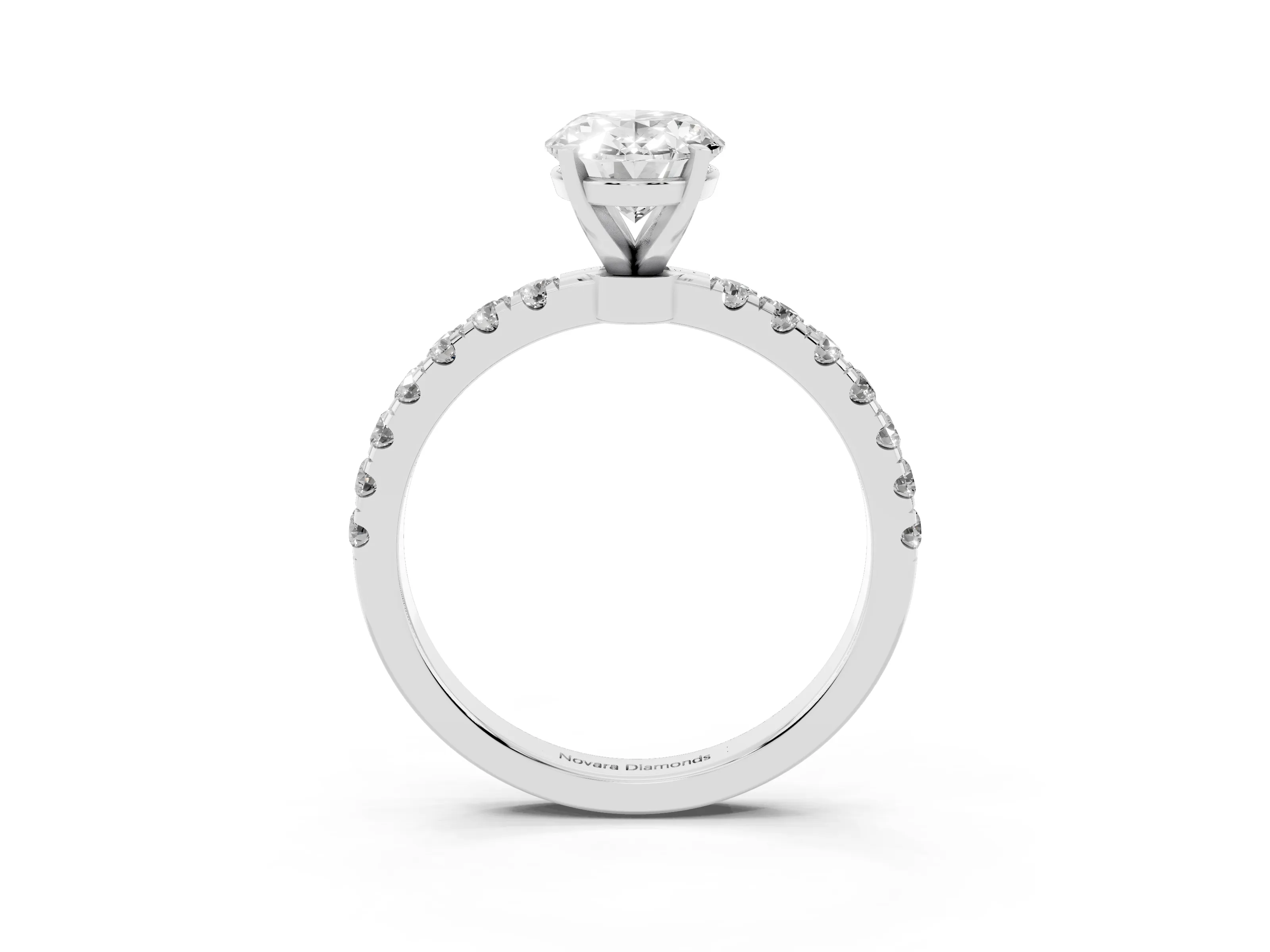 Oval Cut Diamond Solitaire Ring Set in White gold with Pavé Accents and Prong Setting
