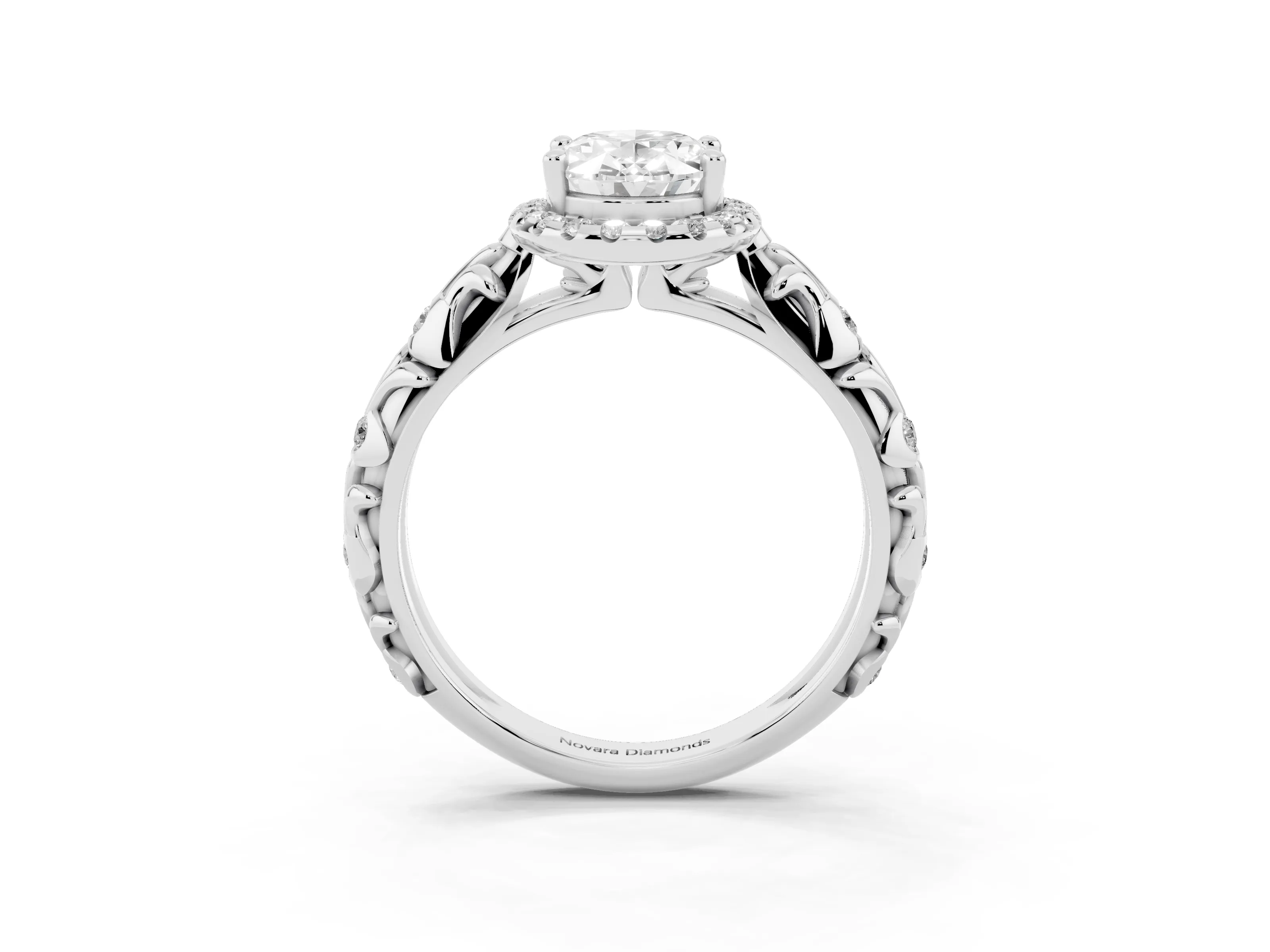 Oval Cut Diamond Halo Ring Set in White gold with Filigree Leaf Band and Prong Setting