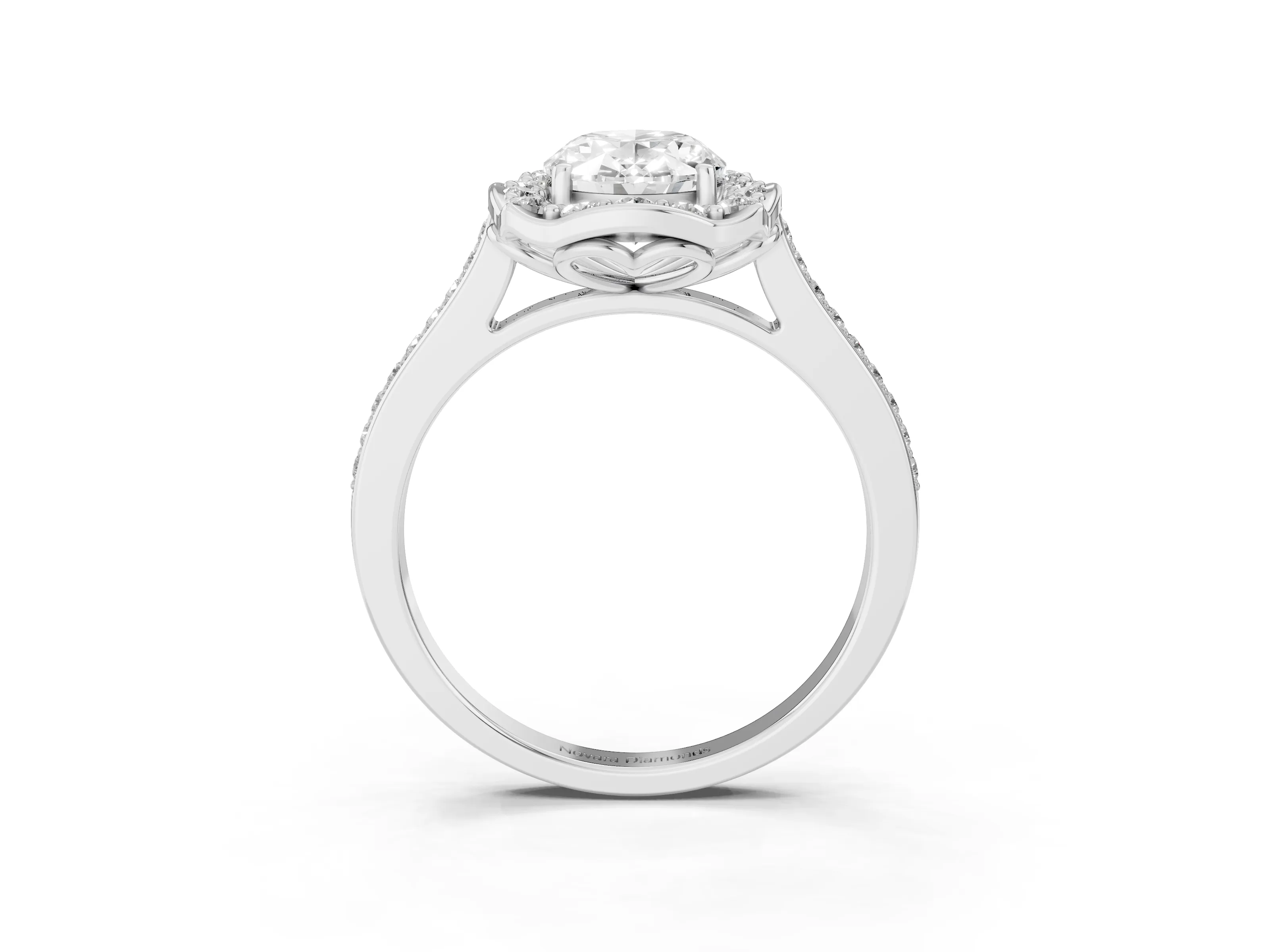Oval Cut Diamond Halo Ring Set in Platinum with Pavé-Lined Shoulders and Prong Setting