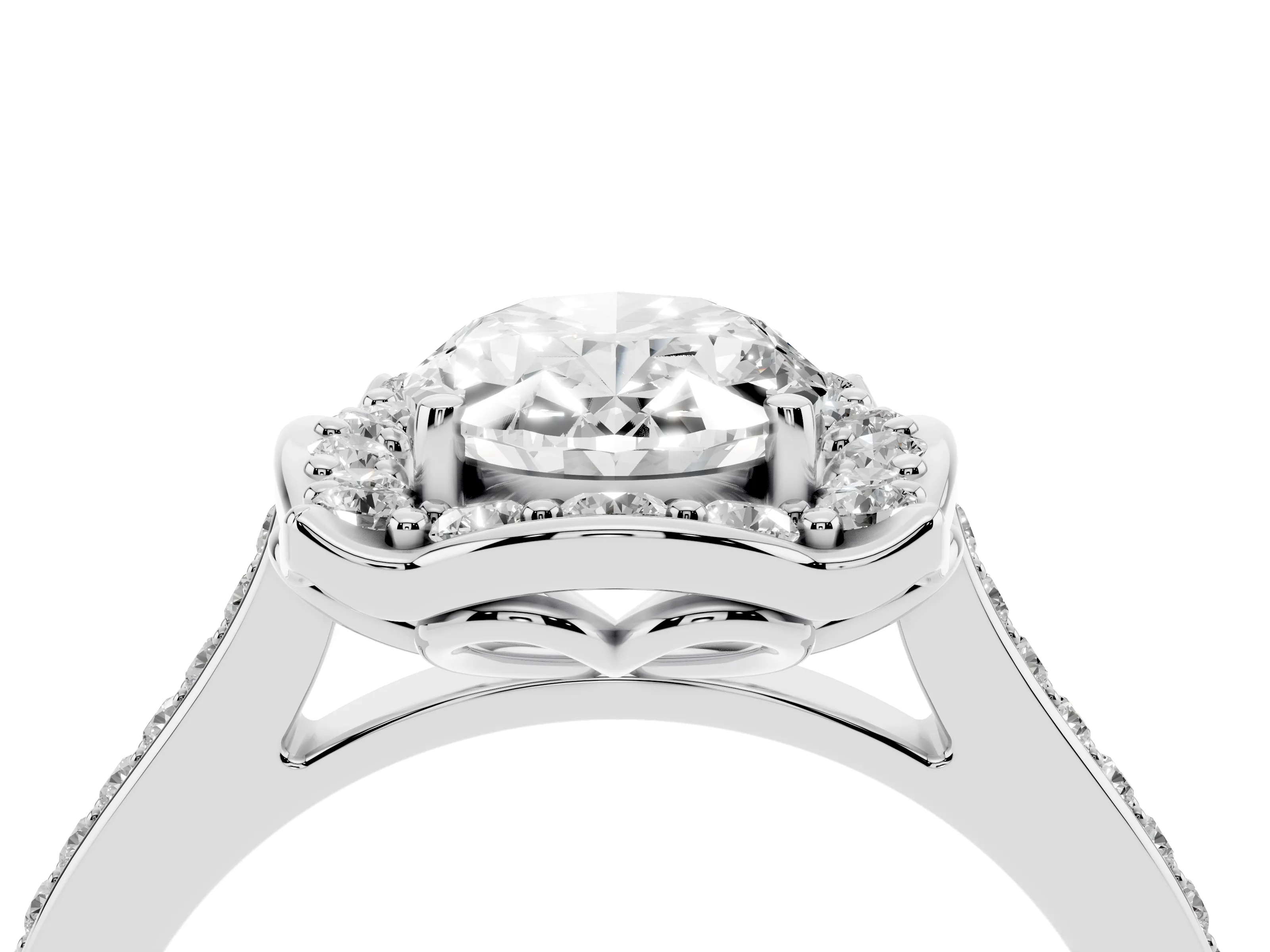 Oval Cut Diamond Halo Ring Set in Platinum with Pavé-Lined Shoulders and Prong Setting