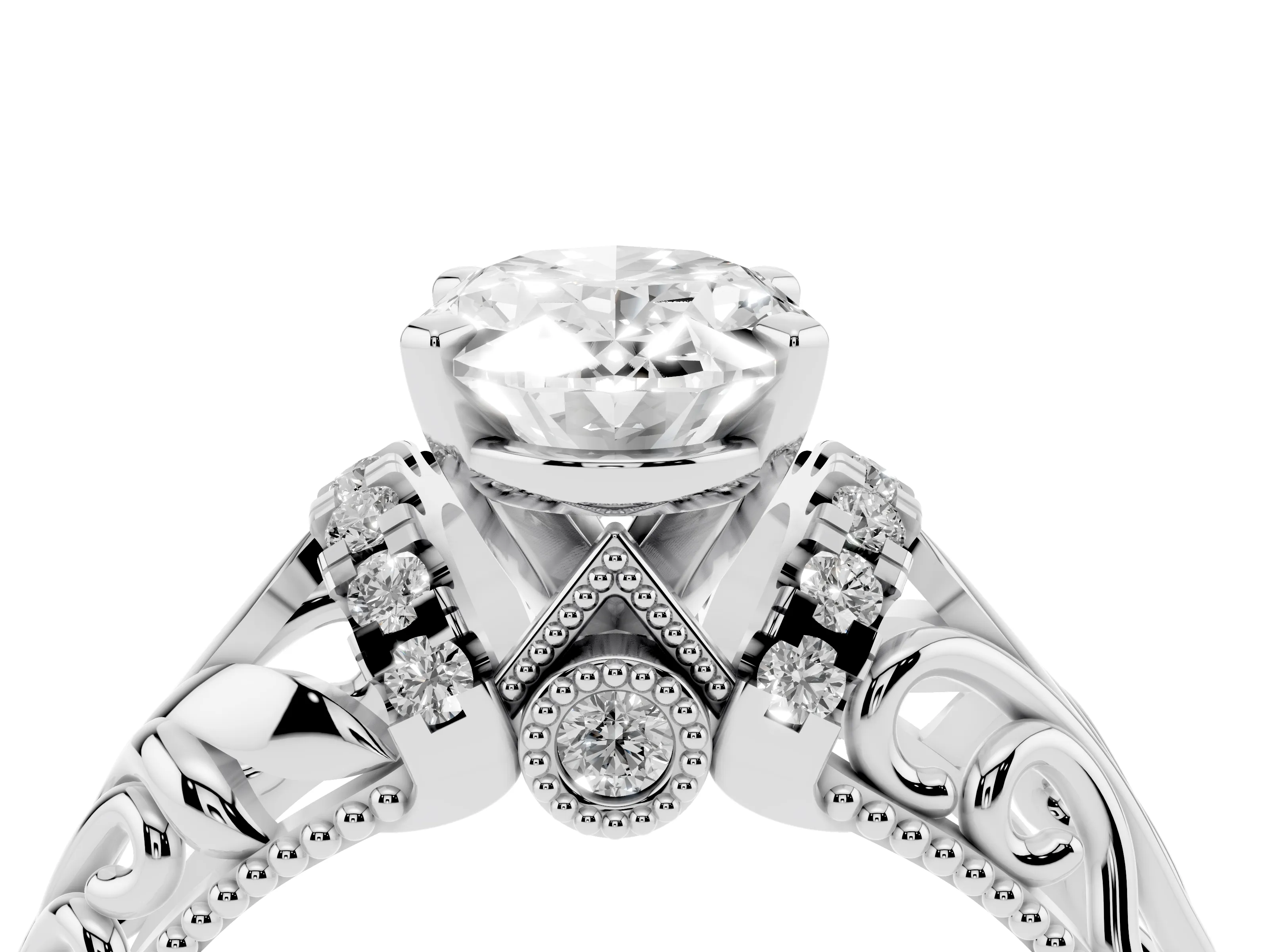 Oval Cut Diamond Filigree Halo Engagement Ring Set in Platinum with Prong Setting