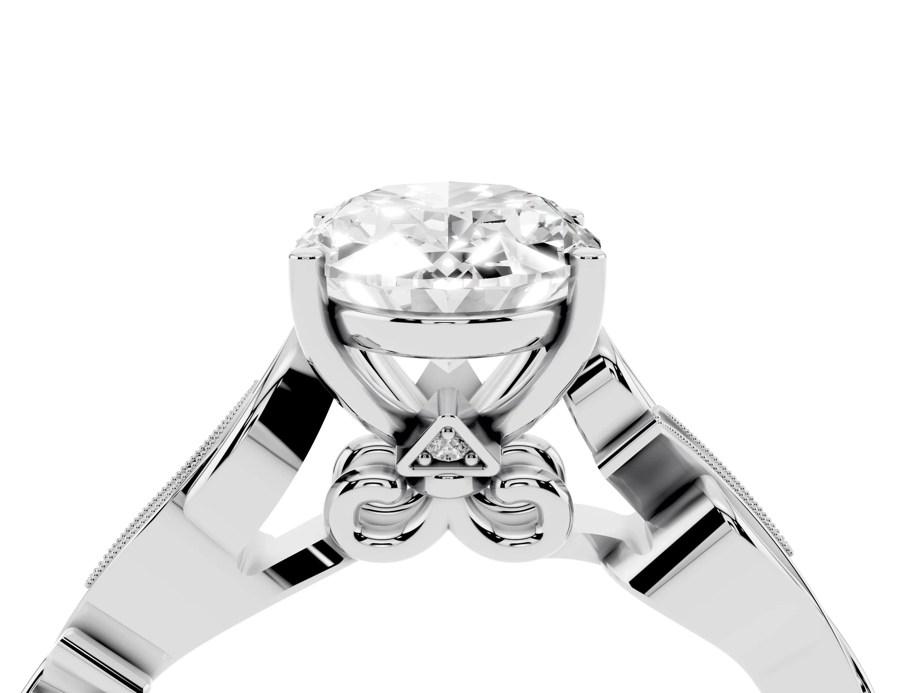 Oval Cut Diamond Vine Band Solitaire Ring Set in Platinum with Milgrain Prong Setting