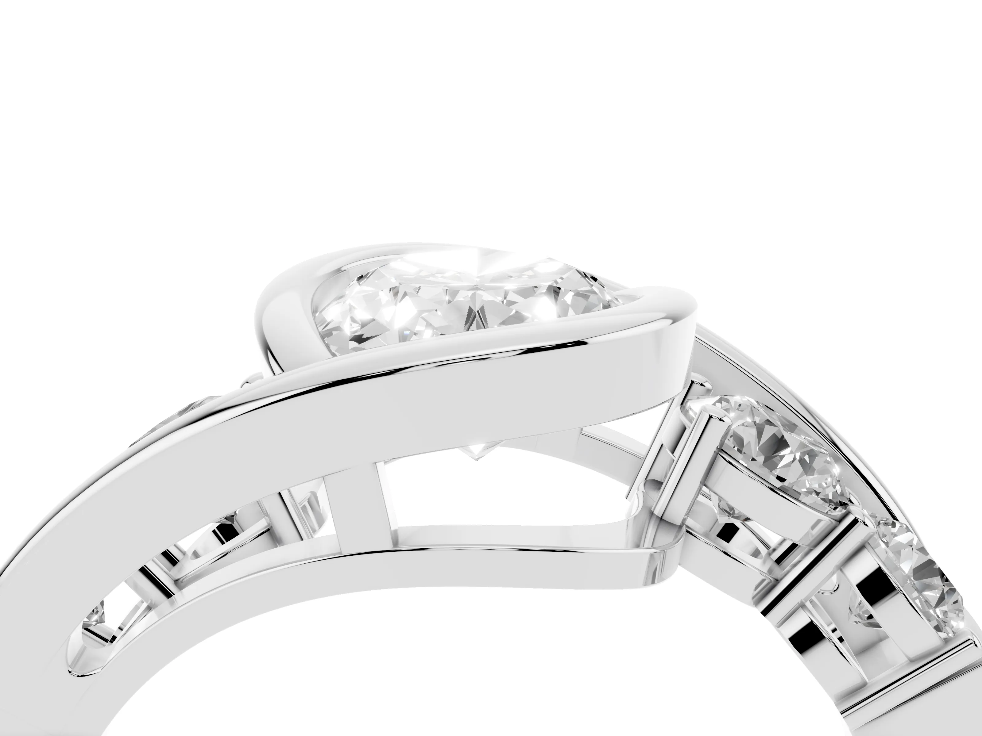 Oval Cut Diamond Bezel Bypass Ring Set in Silver with Round Accents