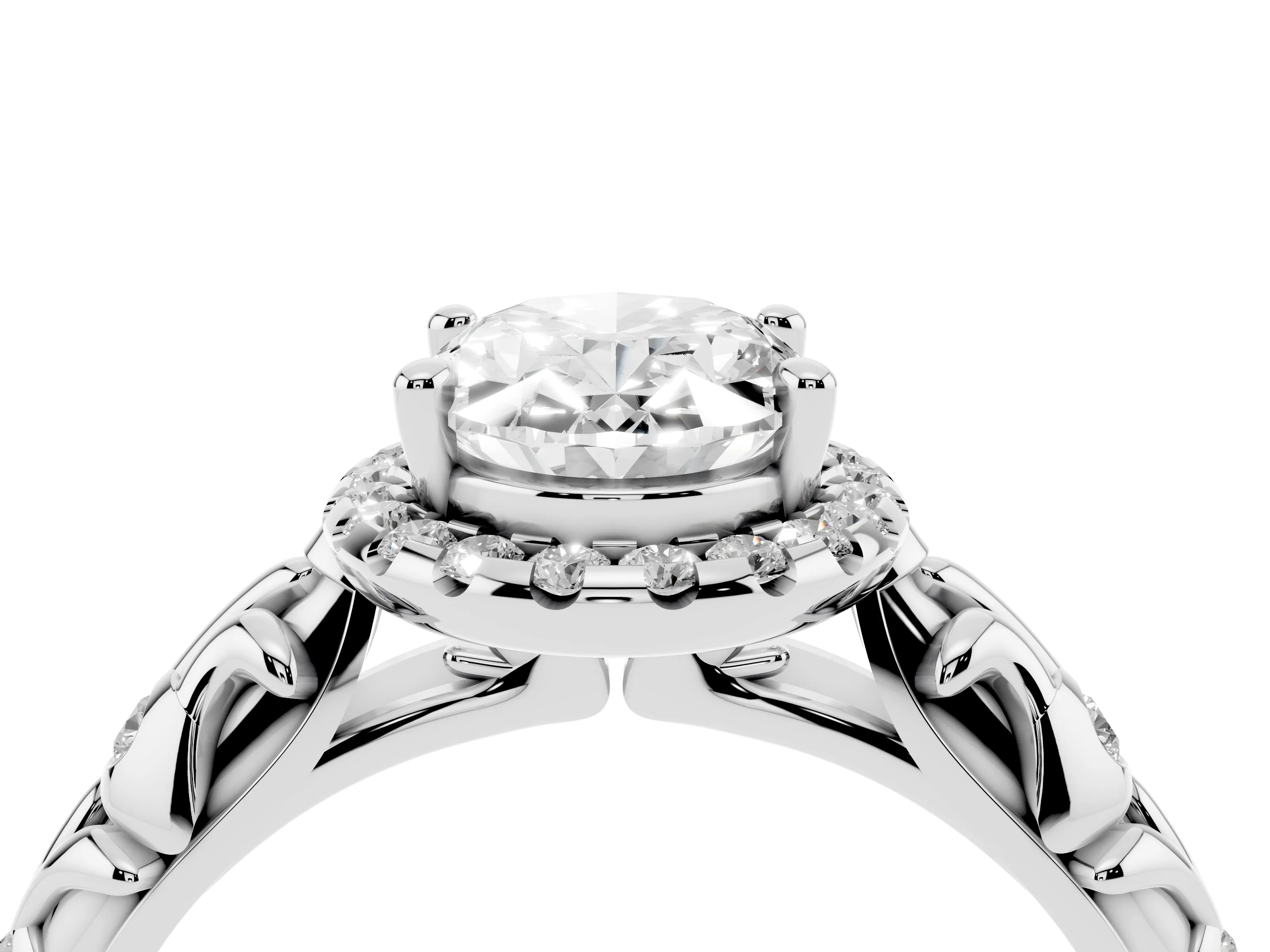 Oval Cut Diamond Halo Ring Set in White gold with Filigree Leaf Band and Prong Setting