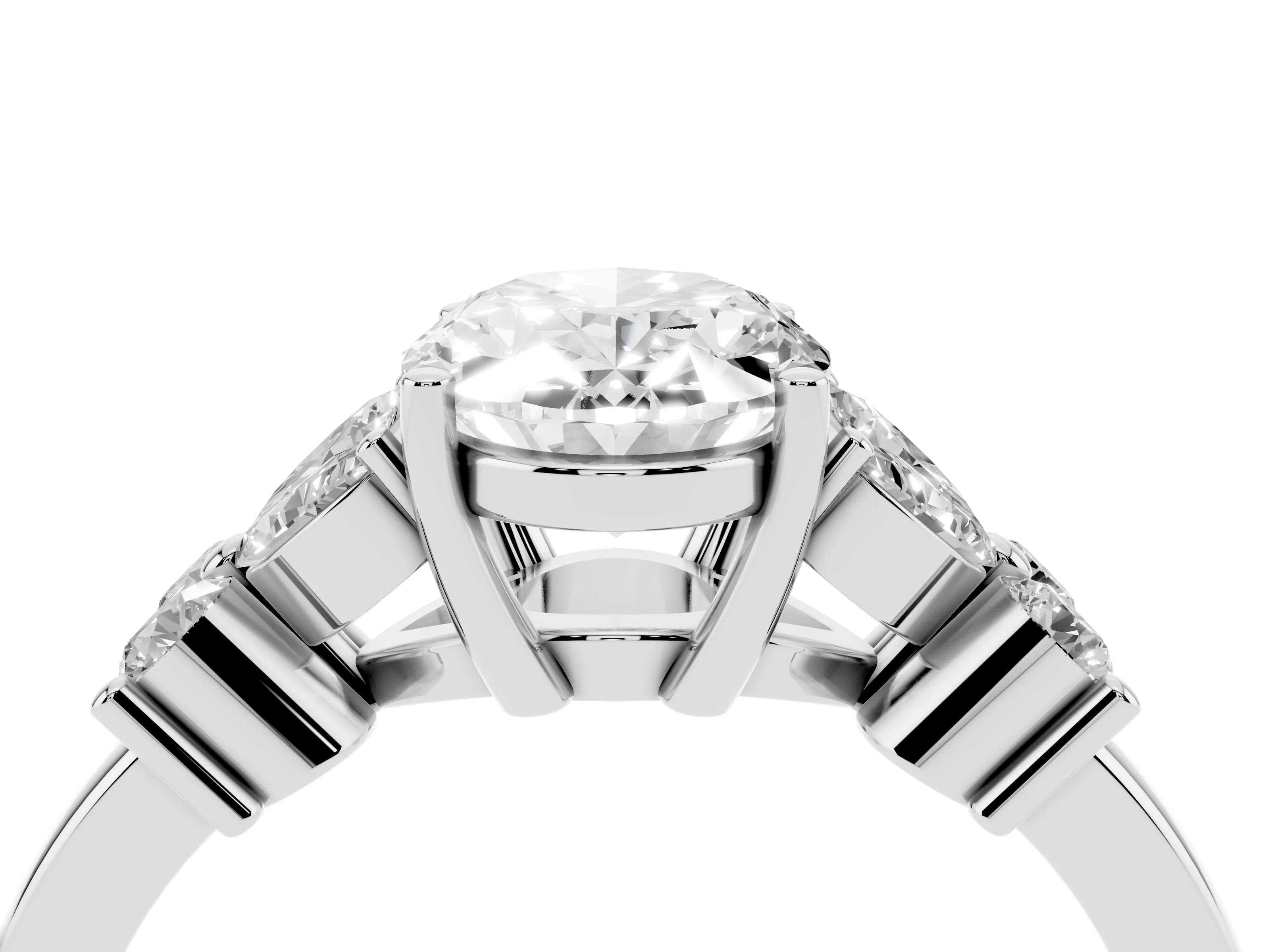 Oval Cut Diamond Floral Cluster Ring Set in Silver with Marquise Petals and Prong Setting