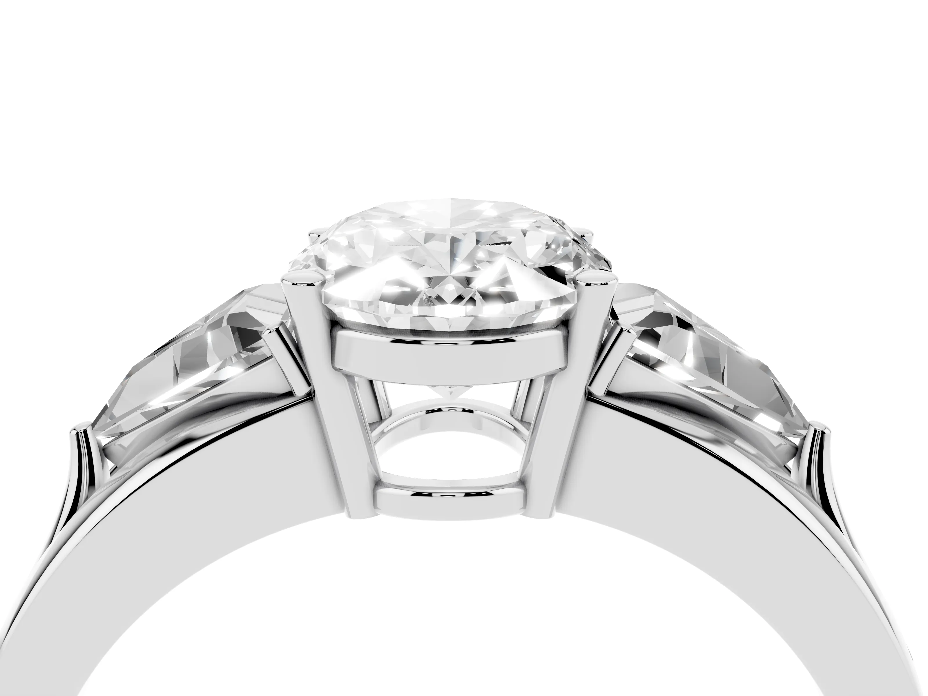 Oval Cut Diamond Three-Stone Ring Set in White gold with Trillion Side Stones and Split Shank