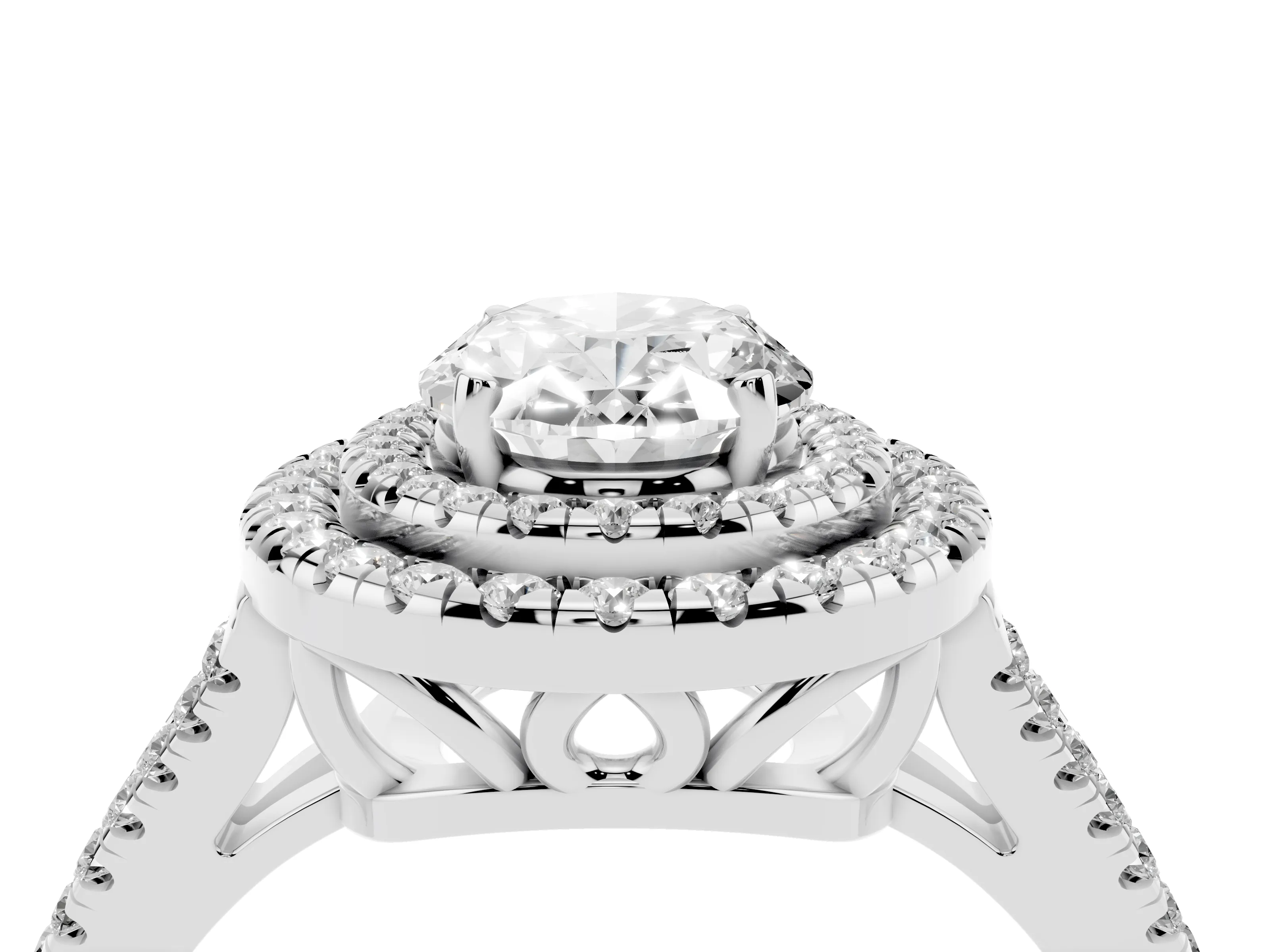 Oval Cut Diamond Double Halo Ring Set in Platinum with Pavé Band