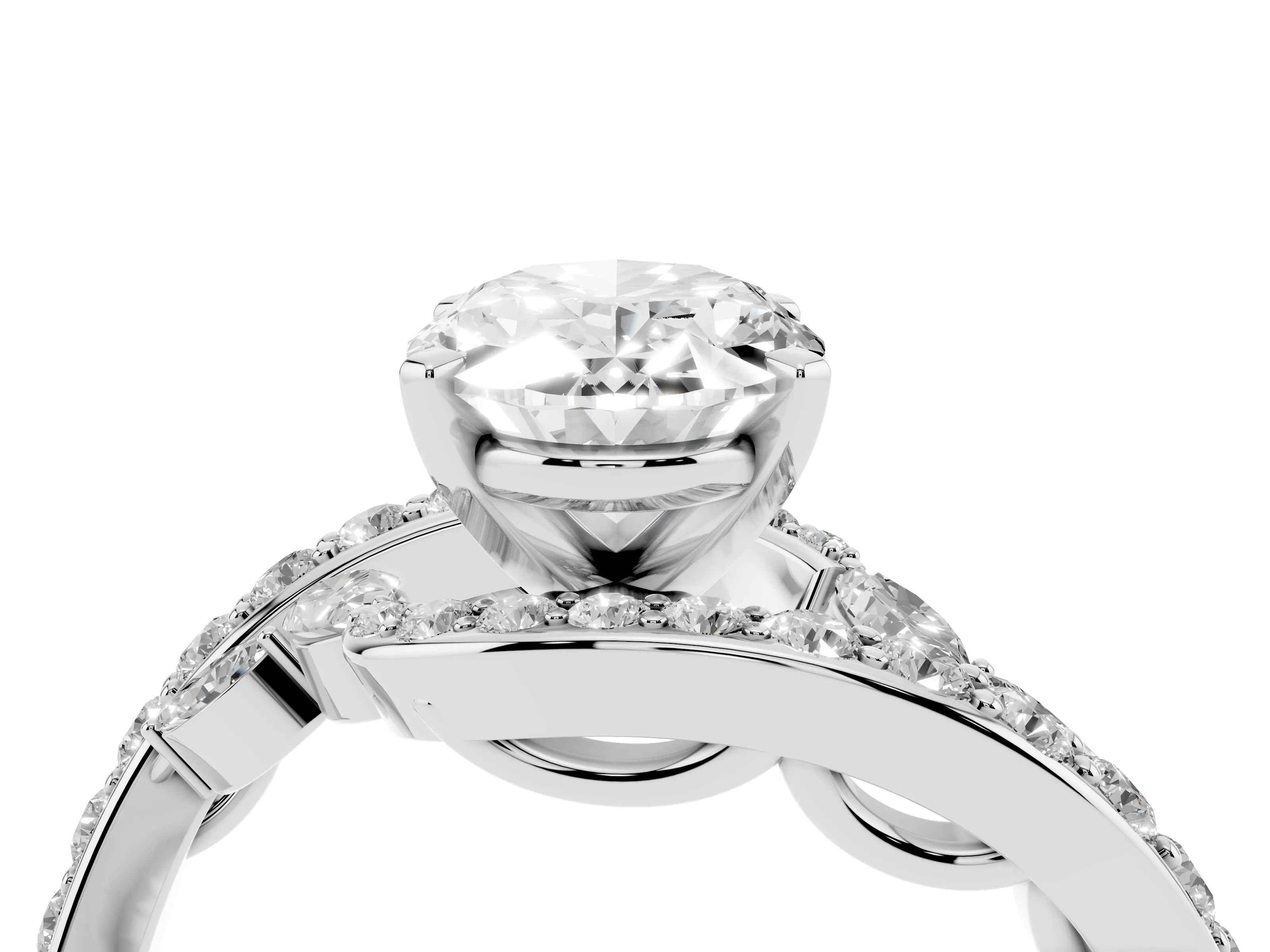 Oval Cut Diamond Solitaire Ring Set in White gold with Pavé Twist Band and Secure Prong Setting