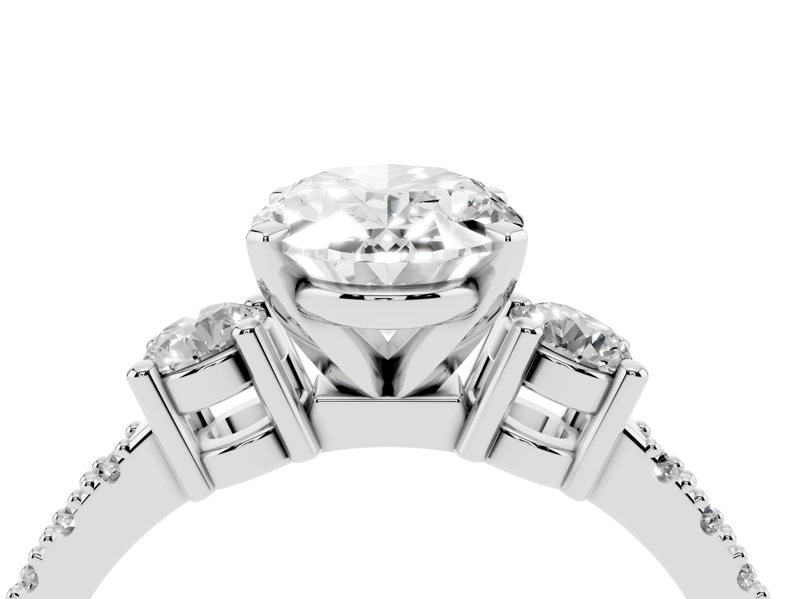 Three-Stone Oval Cut Diamond Pavé Band Ring Set in Platinum with Prong Setting