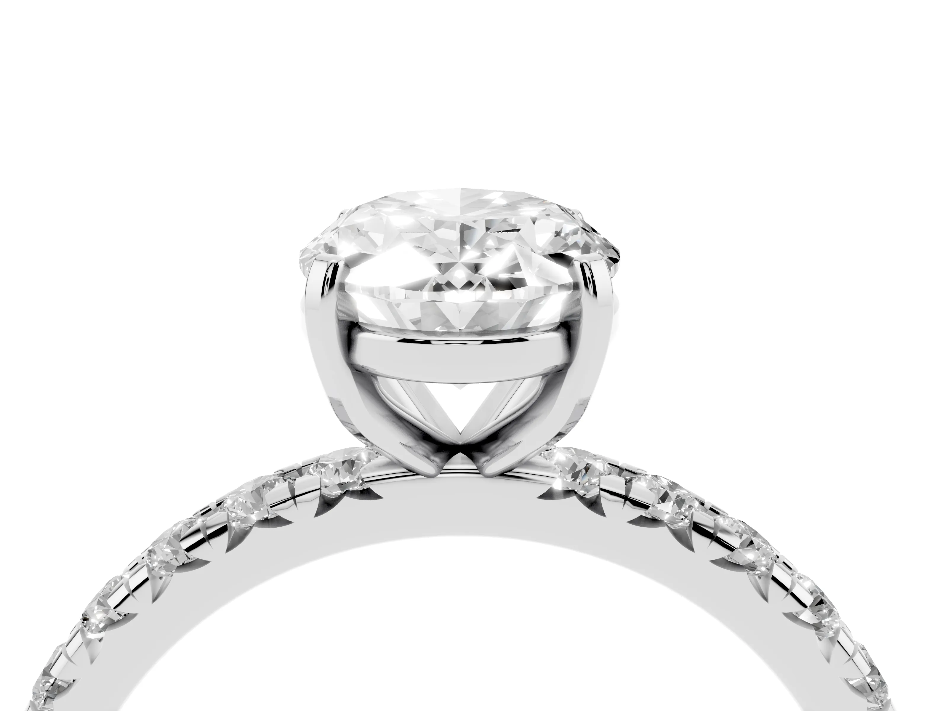 Oval Cut Diamond Pavé Solitaire Ring Set in Platinum with Round Band and Prong Setting