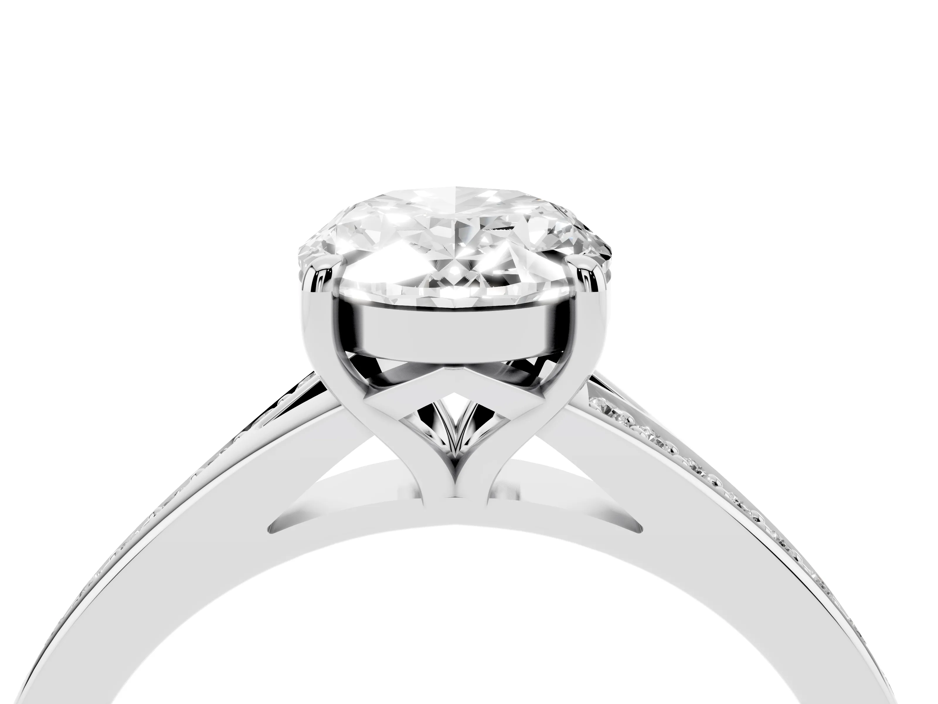 Oval Cut Diamond Solitaire Ring Set in Silver with Pavé Accent Band and Classic Prong Setting