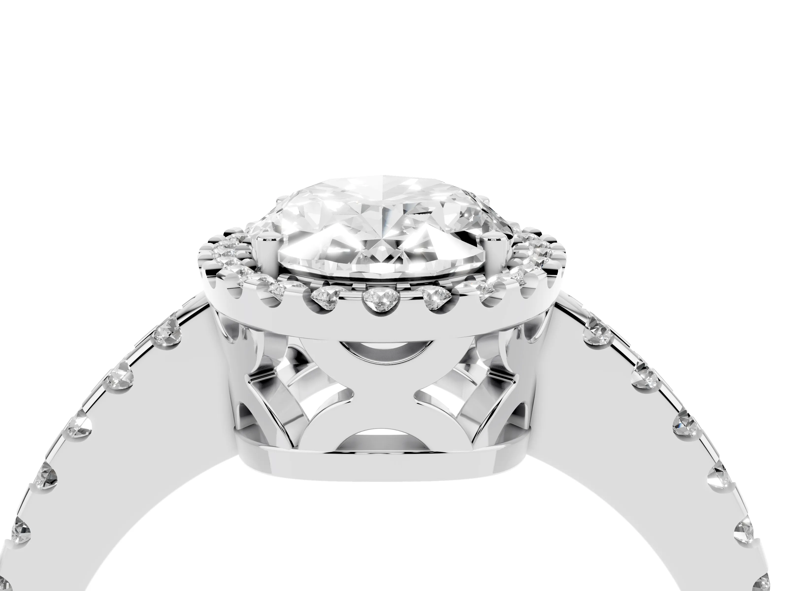Oval Cut Diamond Halo Ring Set in Platinum with Pavé Shoulders and Halo-Framed Center